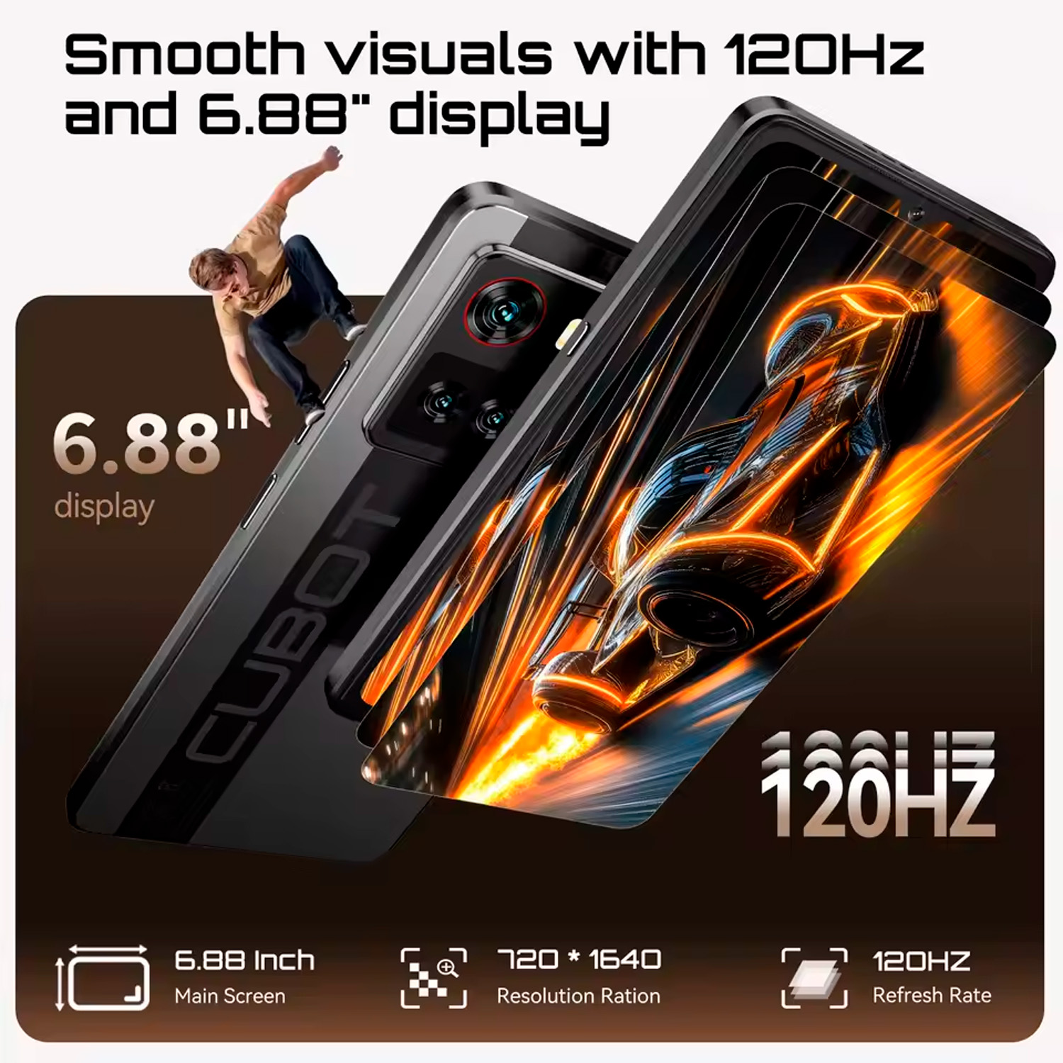 Un teléfono con pantalla de 6,88". Hombre en el aire. La pantalla muestra un coche con luces naranjas y amarillas. Especificaciones: frecuencia de actualización de 120Hz.