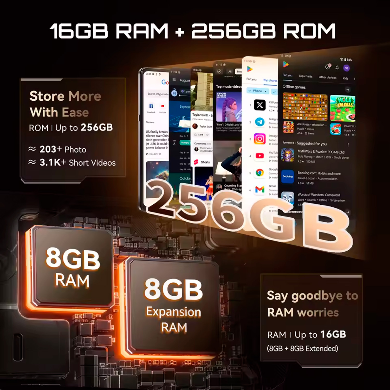 Obrazek przedstawia specyfikacje telefonu: 16 GB RAM, 256 GB ROM. Wyświetla zrzuty ekranu aplikacji i grafiki.