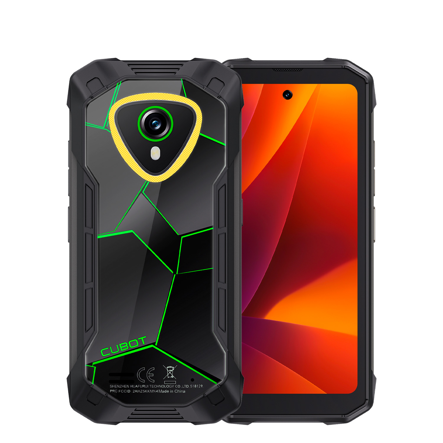 Dos smartphones negros. Uno muestra una pantalla rojo-naranja. El otro tiene una parte trasera con cámara y líneas geométricas verdes.