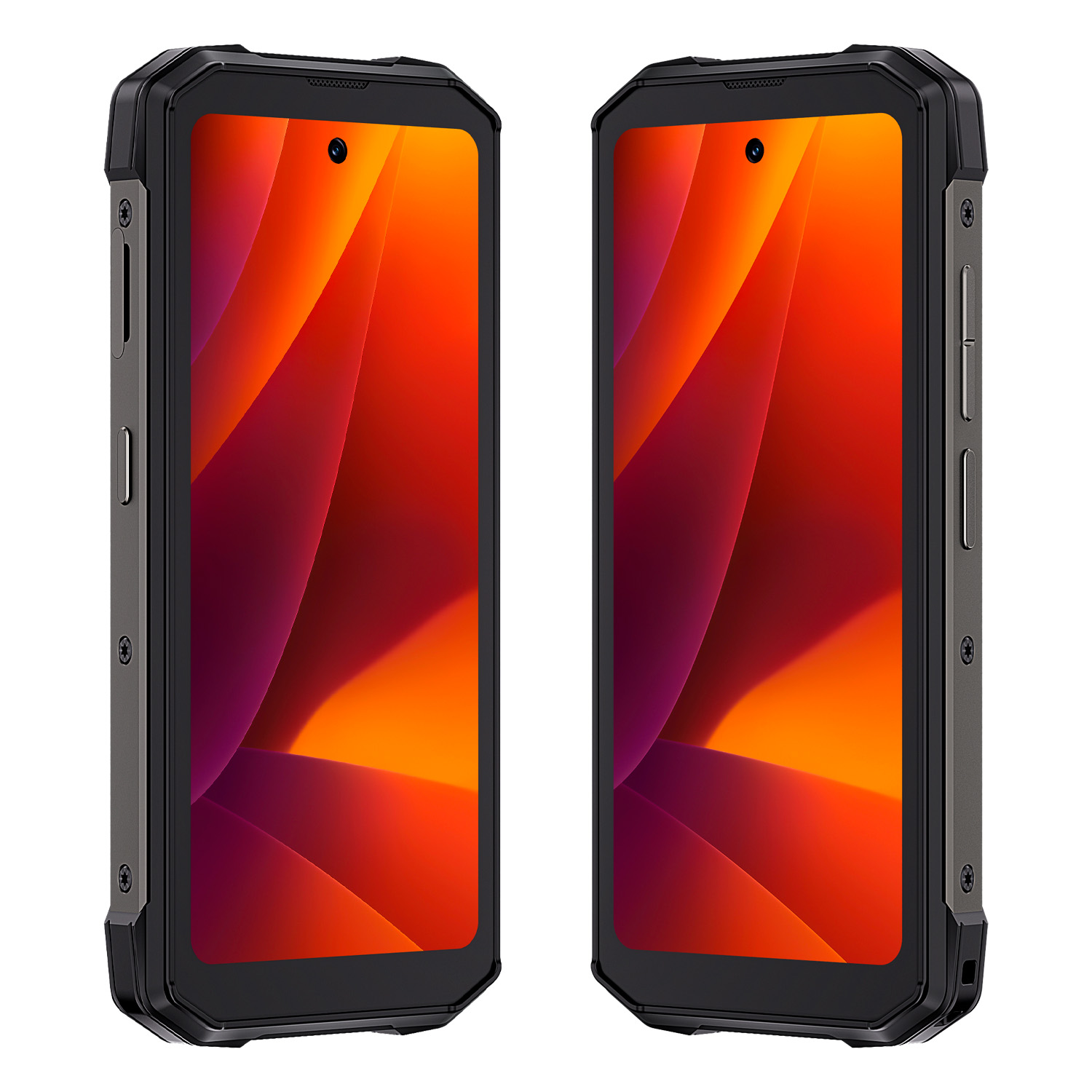 Dwa czarne smartfony z czerwonymi i pomarańczowymi ekranami. Mają wytrzymałą konstrukcję i aparat u góry.