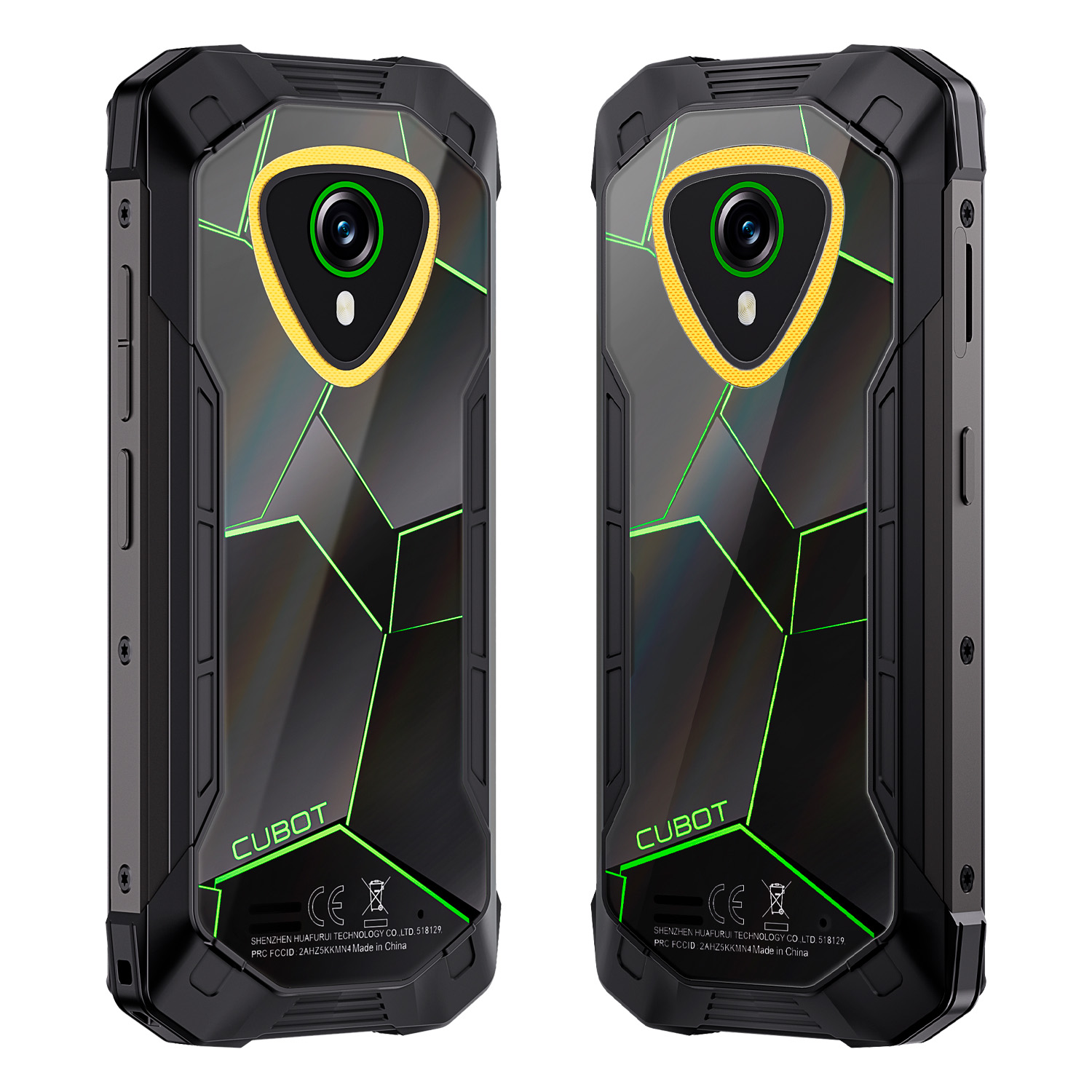Dwa czarne smartfony z neonowymi zielonymi akcentami i aparatami. Mają wytrzymałą konstrukcję z widoczną marką 'CUBOT'.