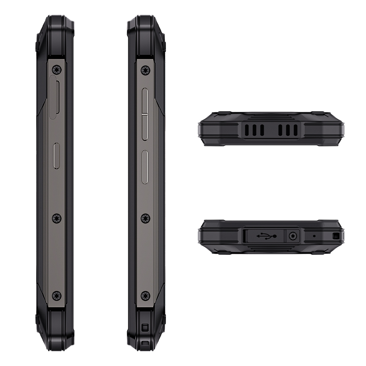Wytrzymały czarny smartfon. Różne kąty pokazują boki i górę/dół, z przyciskami, portami i śrubami.