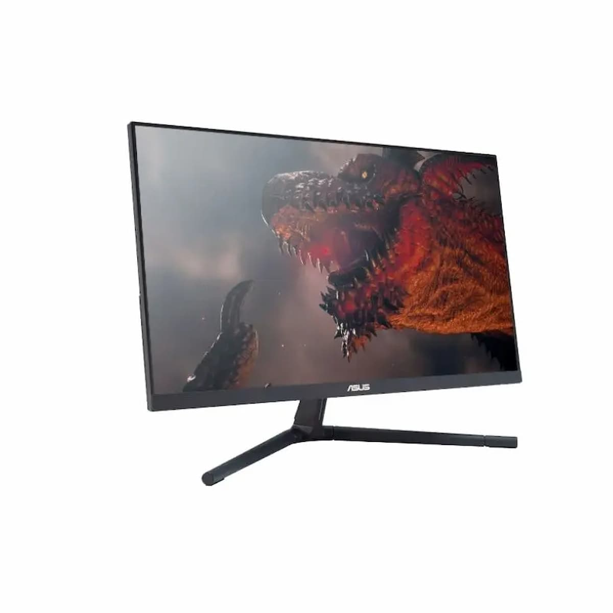 Un monitor de computadora ASUS negro muestra una imagen de un dragón rojo. El monitor está sobre un soporte negro. El fondo es blanco.