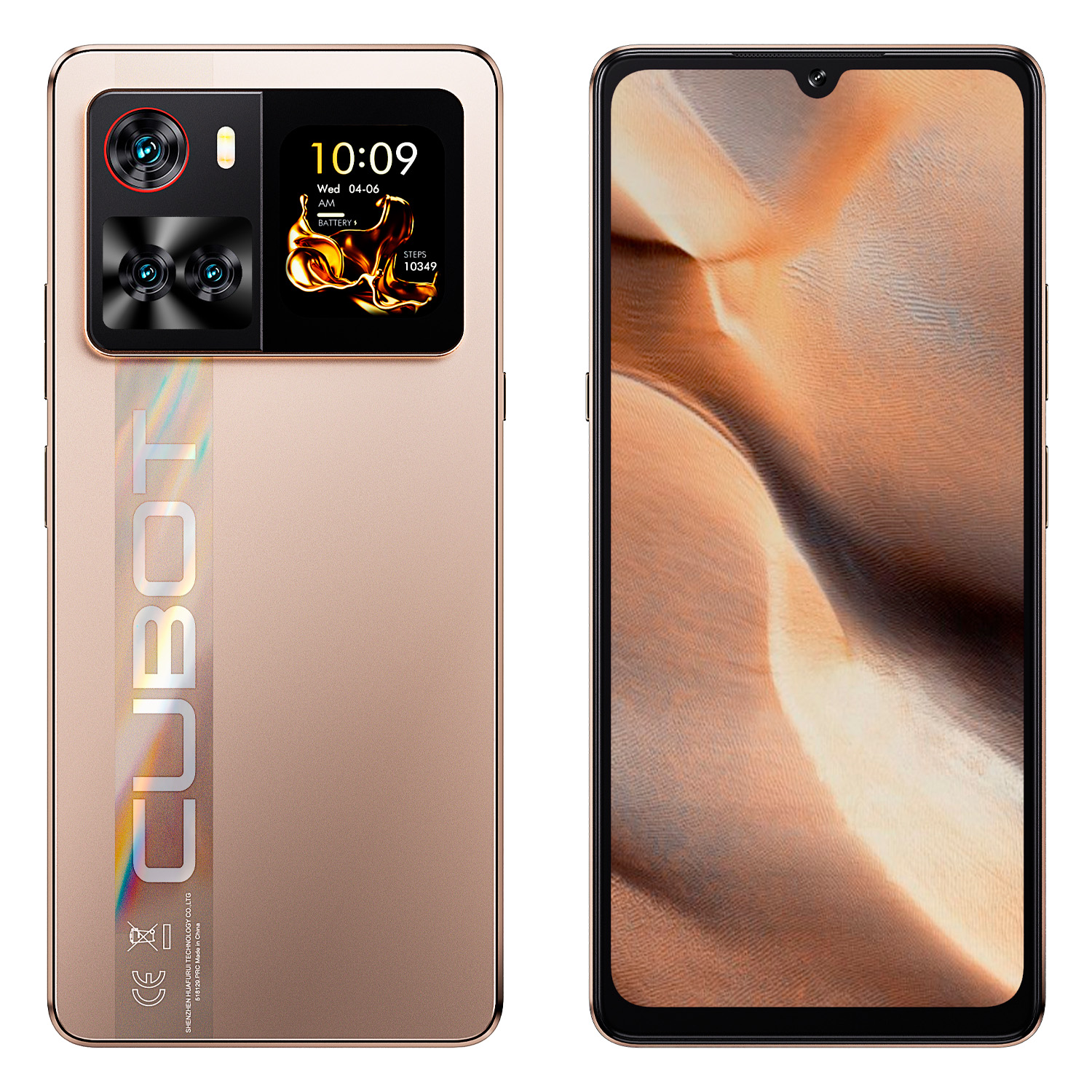 Złoty smartfon z aparatami i ekranem wyświetlającym godzinę i kroki. Druga strona pokazuje wzór na ekranie.