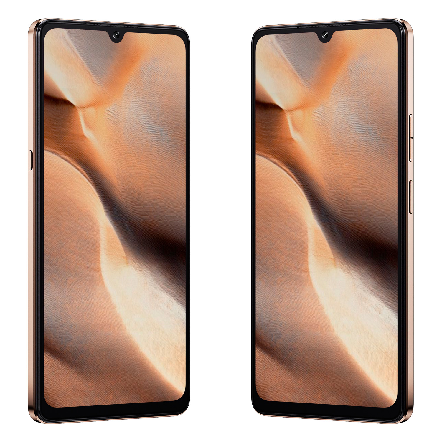 Dwa smartfony ze złotymi ramkami i czarnymi ekranami. Ekrany wyświetlają brązowy wzór. Są na białym tle.