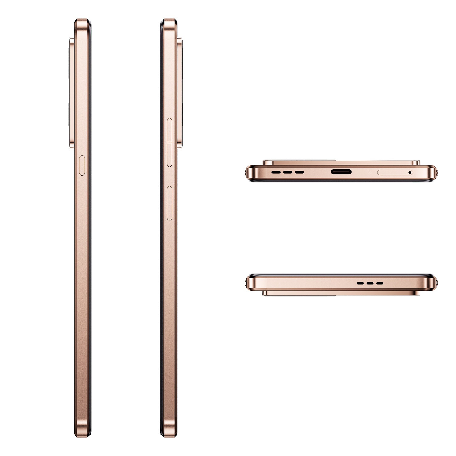 Złoty smartfon pokazujący widoki z boku i z góry. Widoczne przyciski zasilania, regulacji głośności i port ładowania.