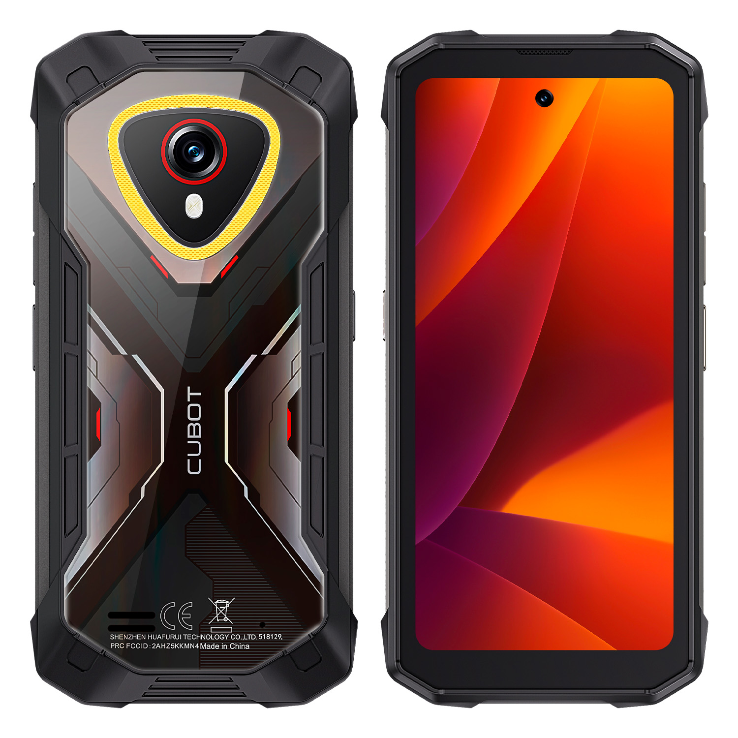 Wytrzymały smartfon z czarną ramką, tył z aparatem i logo 'CUBOT', przód z czerwonym i pomarańczowym wyświetlaczem.