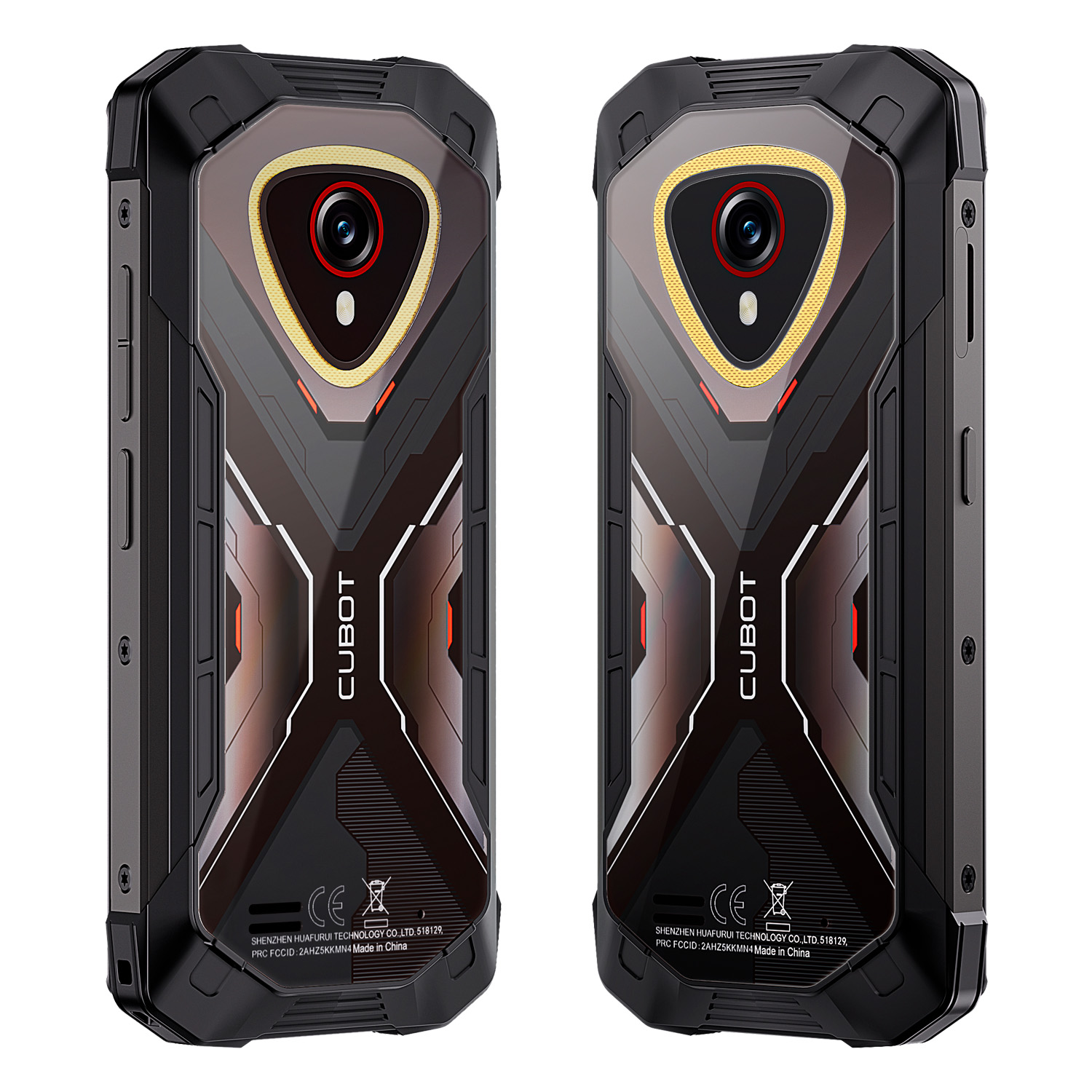 Dwa czarne, wytrzymałe smartfony z aparatami, żółtymi akcentami i logo 'CUBOT' prezentowane na białym tle.