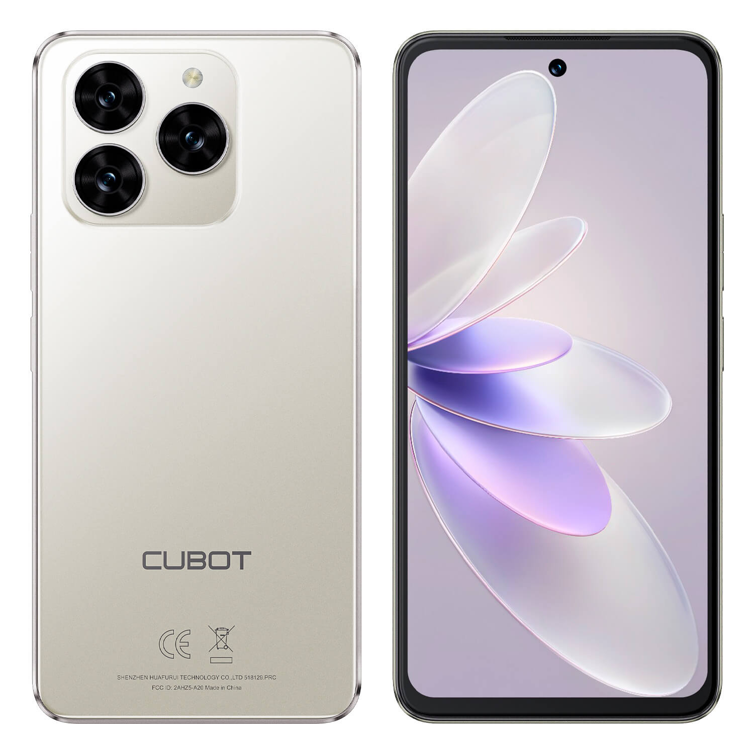 Smartfon z jasnym złotym tyłem z 3 aparatami. Ekran wyświetla jasnofioletowy i biały abstrakcyjny wzór.