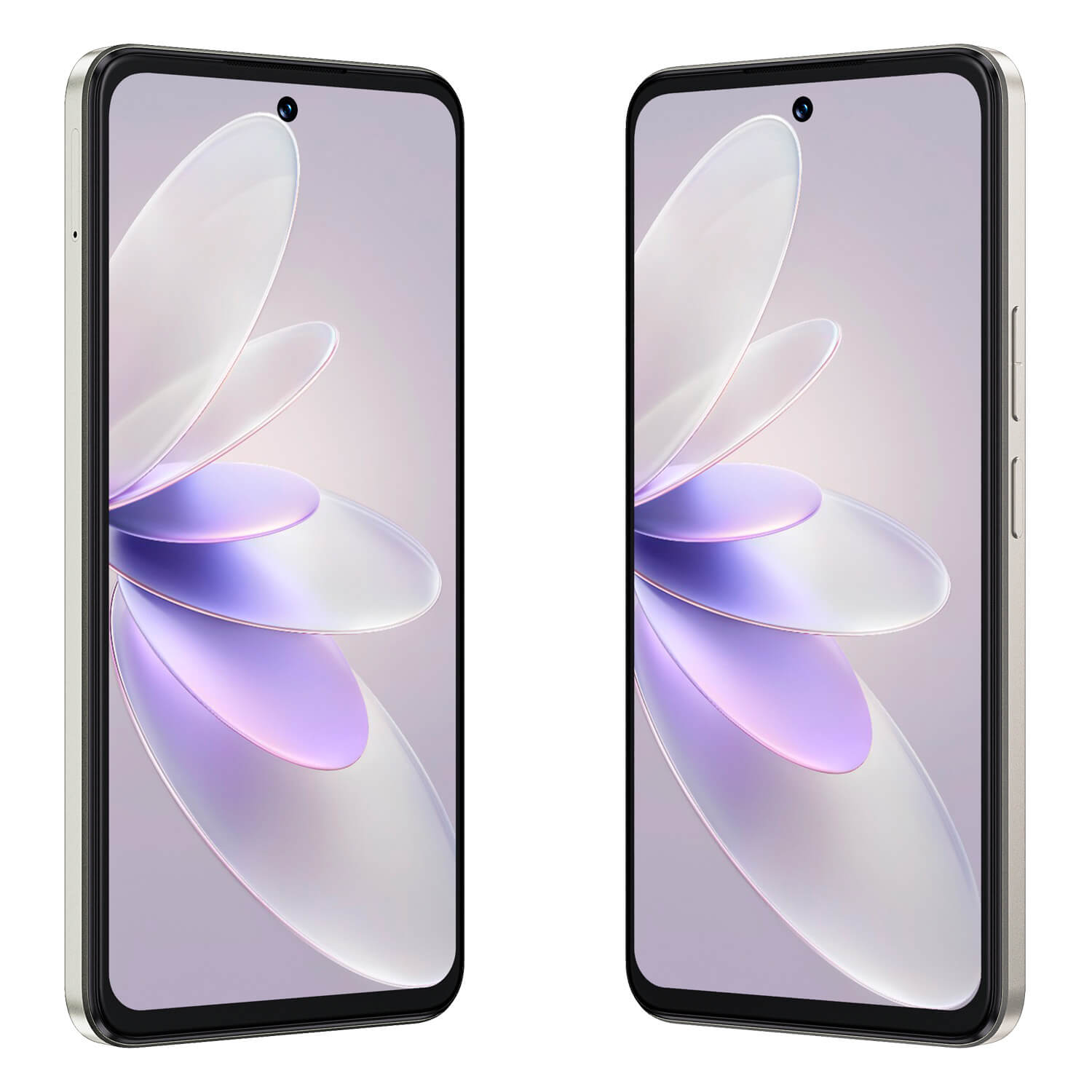 Dwa smartfony z ekranami wyświetlającymi kwiatowy wzór. Telefony są srebrne, z czarnymi obramowaniami i aparatem na górze.
