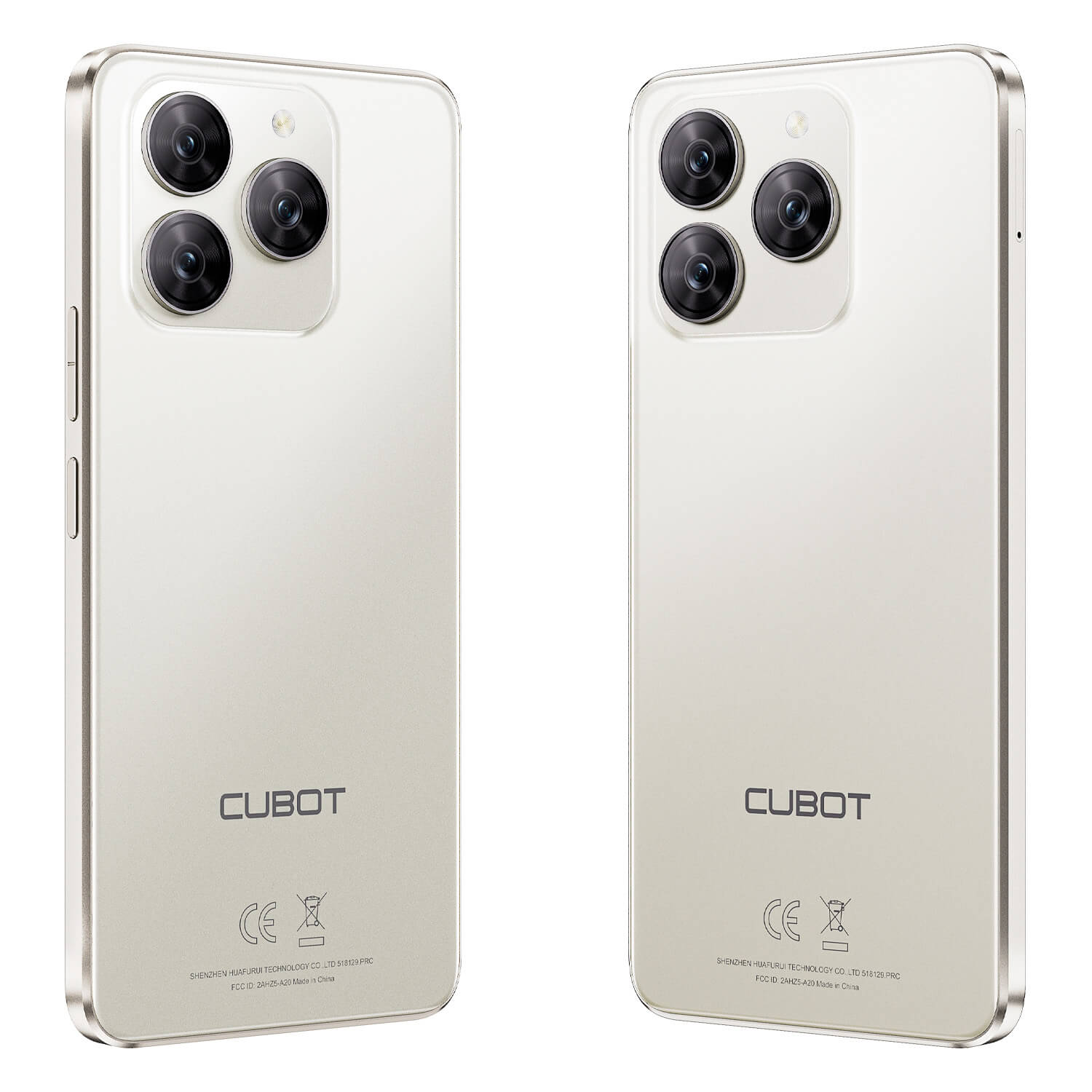 Wyświetlane są dwa smartfony z wieloma tylnymi aparatami. Telefony są jasne, a z tyłu widoczna jest marka CUBOT.