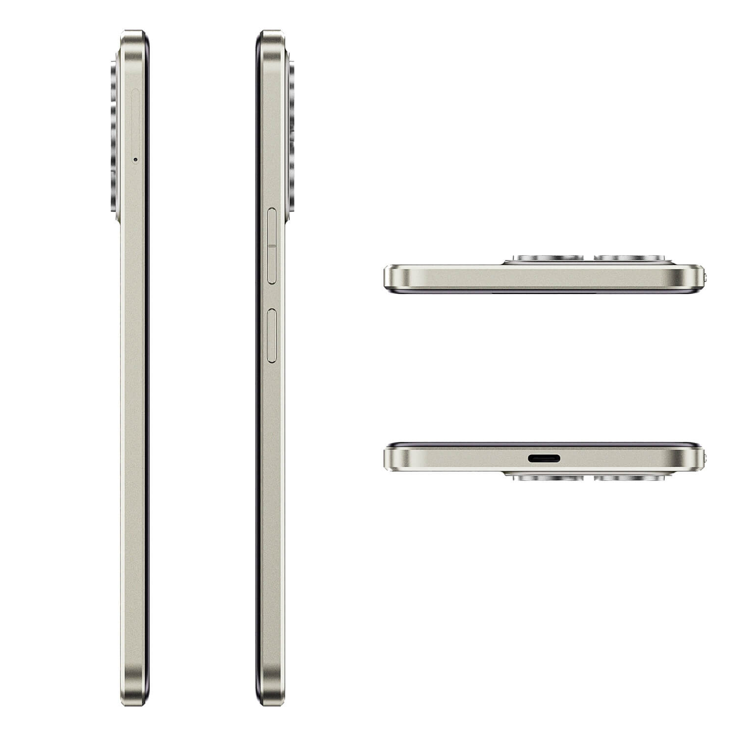 Cztery widoki smartfona: dwa widoki z boku i dwa z góry/dołu. Telefon jest jasnozłoty z widocznymi obiektywami aparatu.