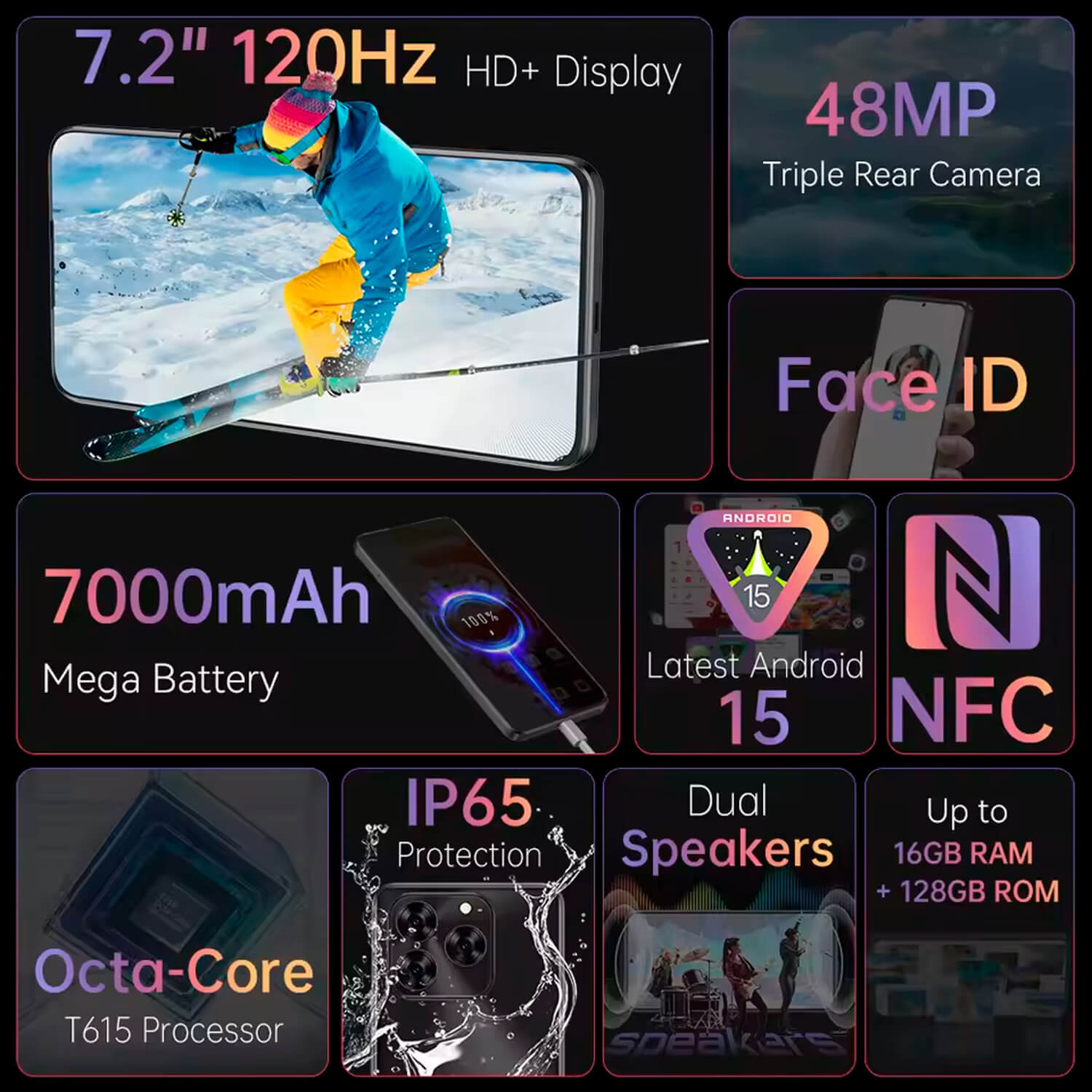 Reklama telefoniczna pokazuje narciarza, specyfikacje aparatu, informacje o systemie Android i funkcje telefonu, takie jak bateria, procesor i głośniki.