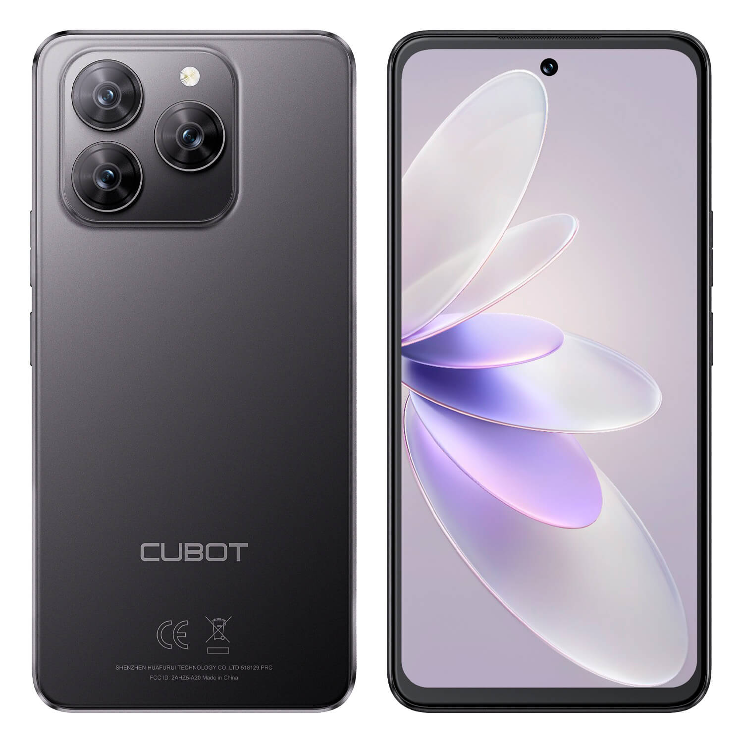 Ciemnoszary smartfon CUBOT z potrójnym obiektywem aparatu i ekranem wyświetlającym abstrakcyjny wzór w kolorze jasnofioletowym i białym.