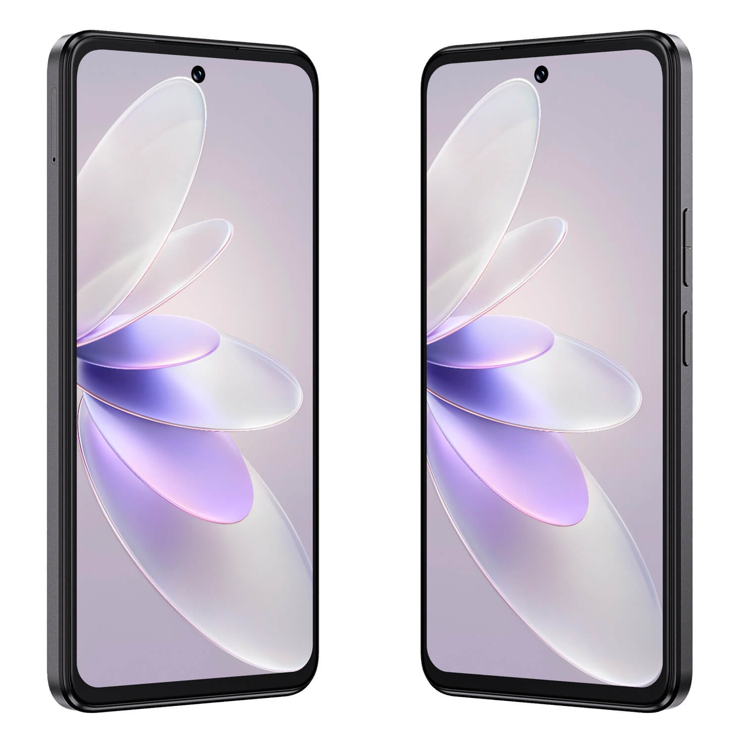 Dwa czarne smartfony z zakrzywionymi ekranami, wyświetlające kwiatowy wzór. Telefony są lekko pochylone, widać ich boki.