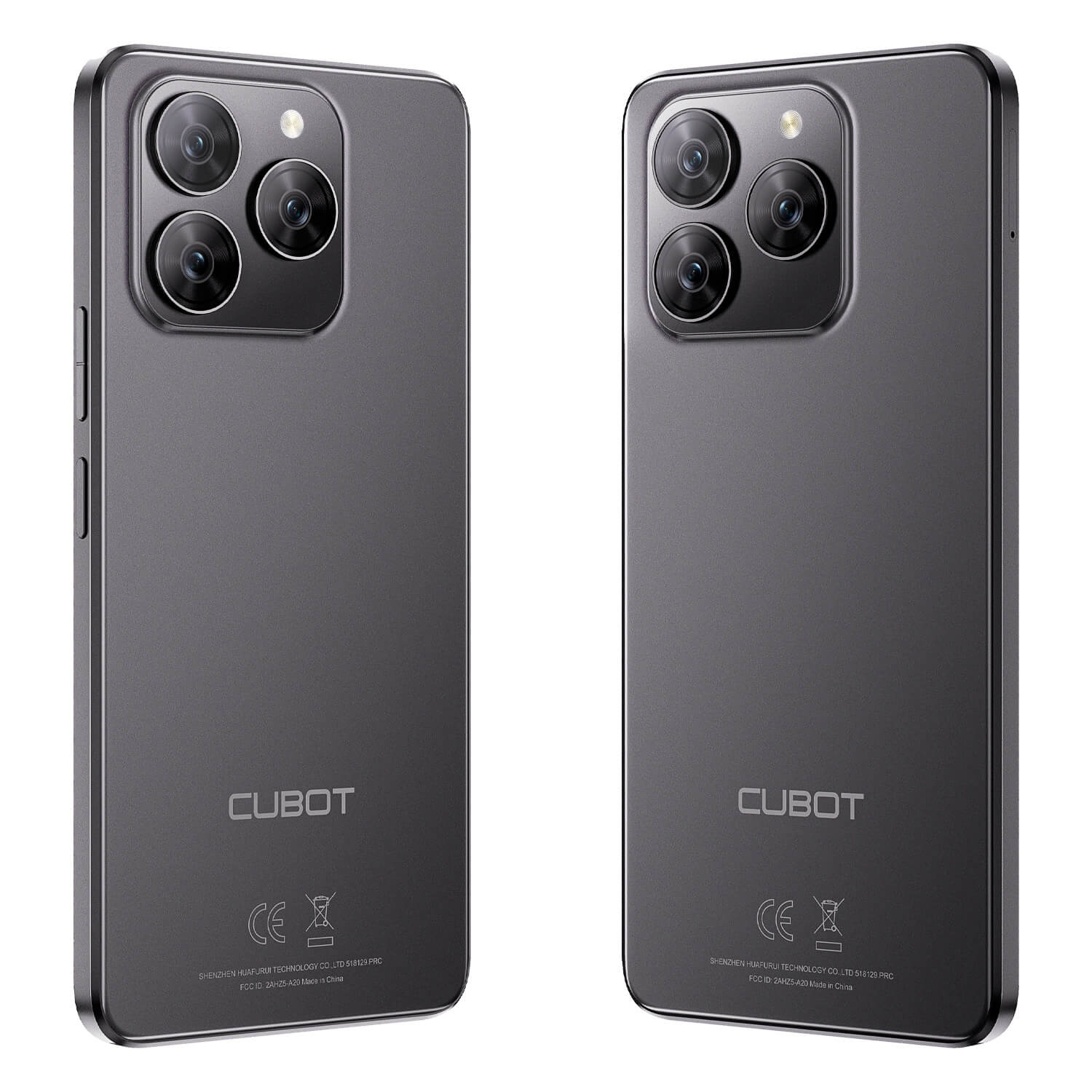 Wyświetlane są dwa szare smartfony, każdy z czterema tylnymi kamerami. Tył telefonów pokazuje nazwę marki CUBOT.