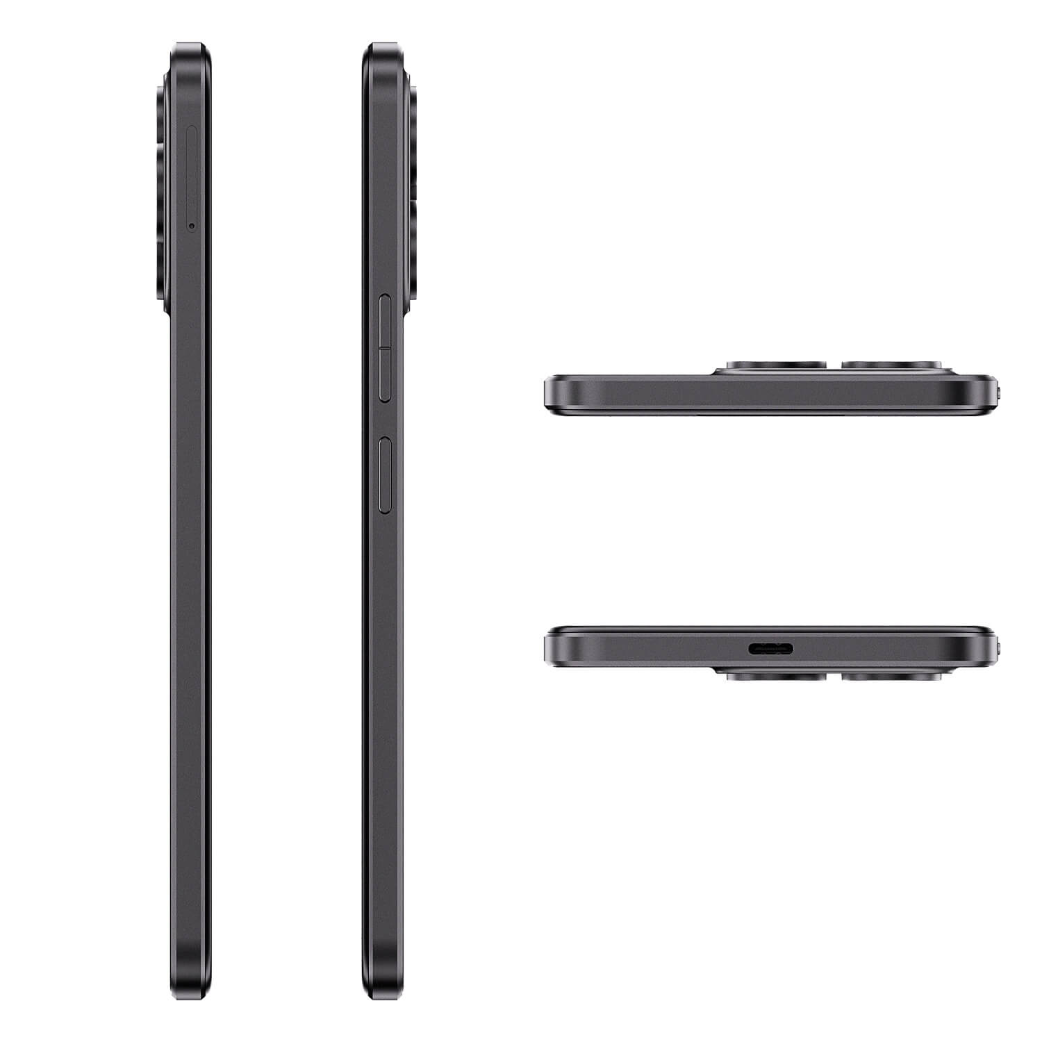 Ciemnoszary smartfon pokazuje widoki z boku i z góry. Widoczne są przyciski, porty i szczegóły aparatu. Tło jest białe.