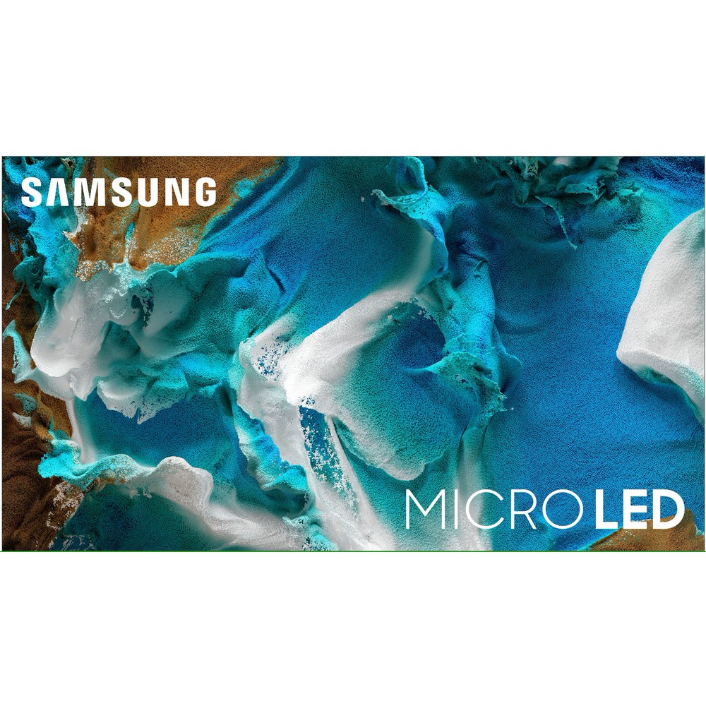 Display Samsung Micro LED. Arte astratta in blu, bianco e marrone. La parola SAMSUNG è in alto a sinistra, MICRO LED in basso a destra.