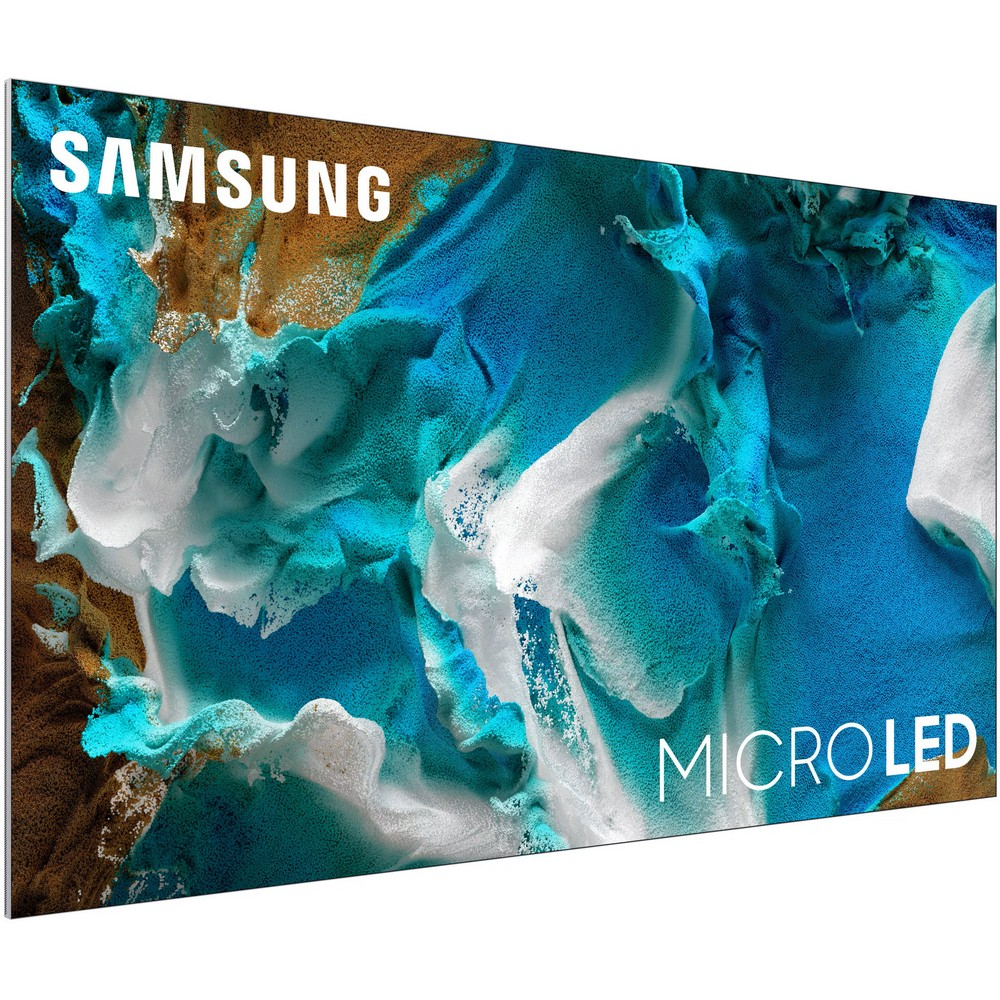 TV Samsung MicroLED con un design astratto blu, bianco e marrone. Il logo Samsung è in alto a sinistra.