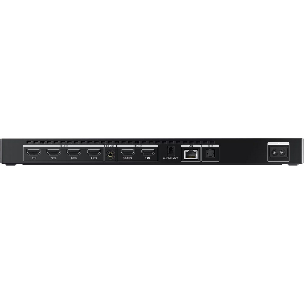 Dispositivo nero con più porte etichettate HDMI, EX-LINK, ONE CONNECT e LAN, e ingresso di alimentazione. Sfondo bianco.