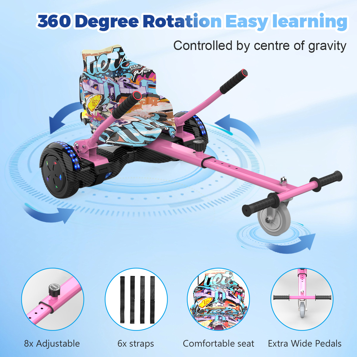 Un dispositivo rosa similar a un hoverboard con un asiento cubierto de graffiti. Incluye correas ajustables, asiento cómodo y pedales extra anchos.