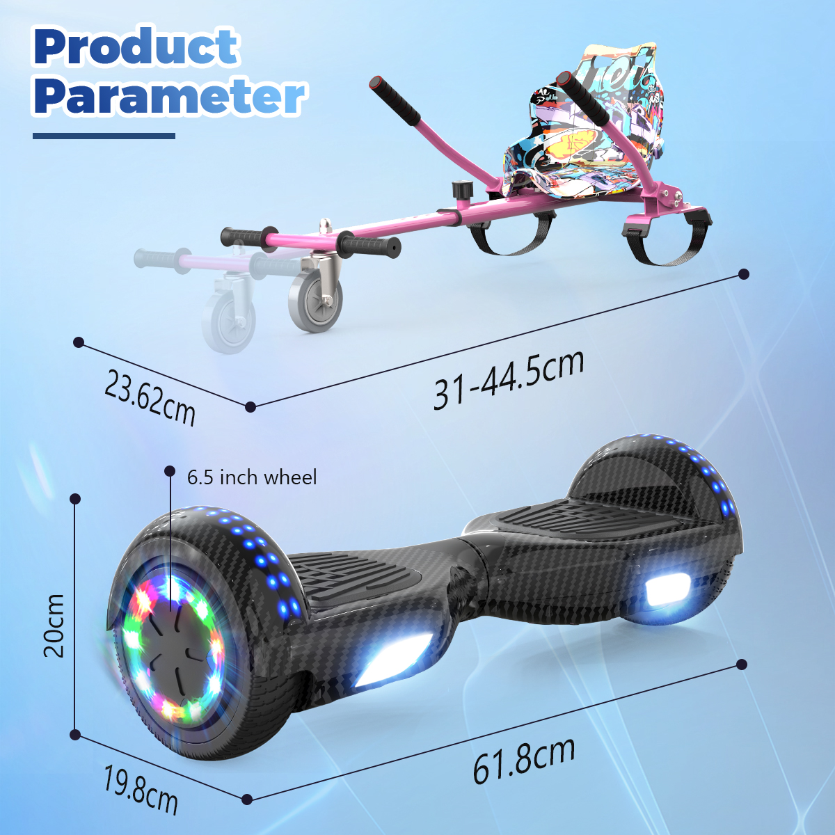 La imagen muestra un hoverboard y un accesorio de go-kart rosa. Se proporcionan las dimensiones. El hoverboard es negro, las dimensiones son 61,8 cm x 20 cm x 19,8 cm.