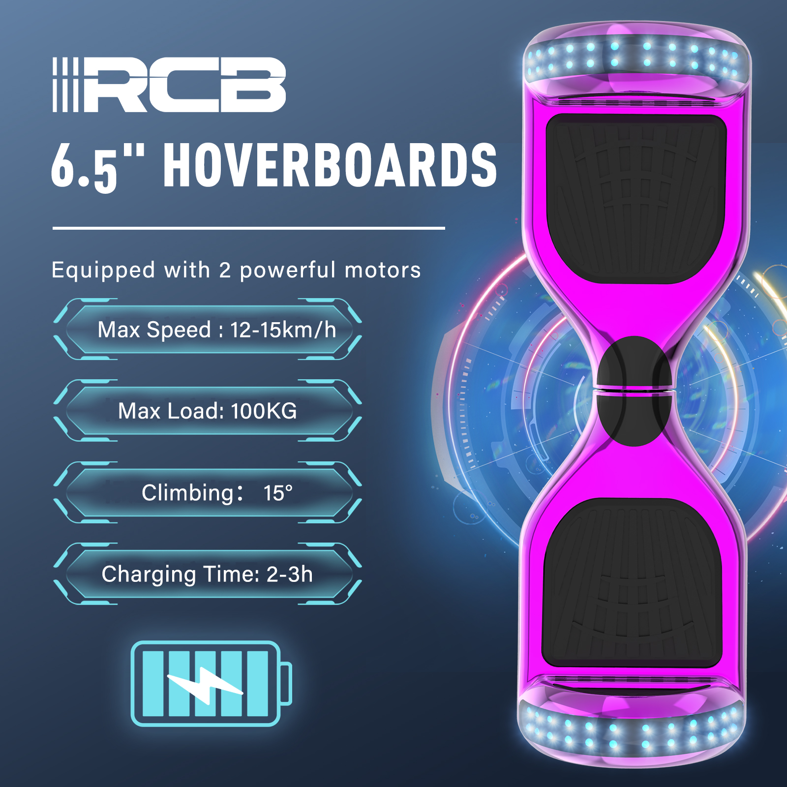 Un hoverboard rosa, con especificaciones como velocidad máxima, carga y tiempo de carga. Tiene un fondo tecnológico azul.
