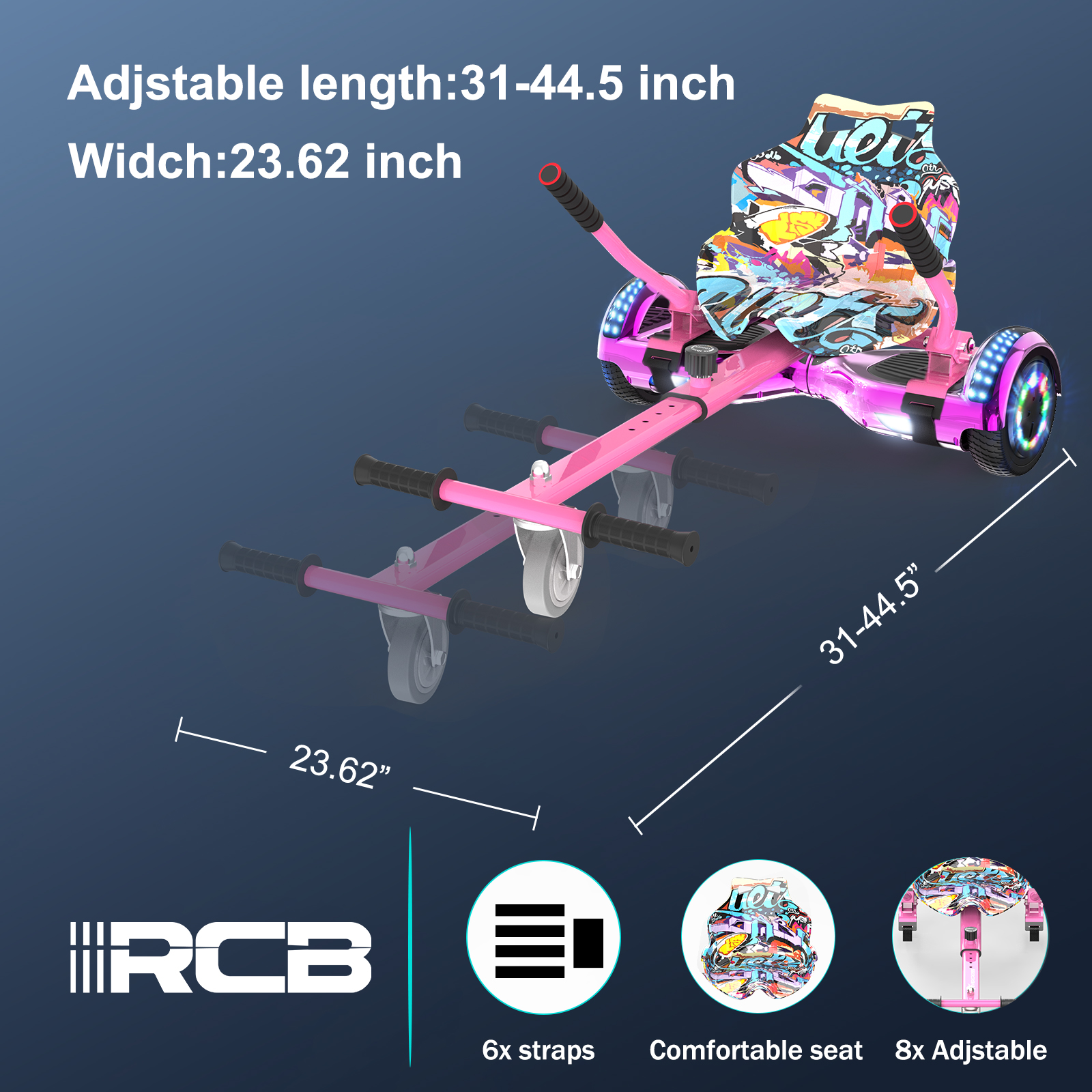 Scooter rosa con manijas negras y asiento colorido. Tiene ruedas con luces y se muestran las dimensiones.