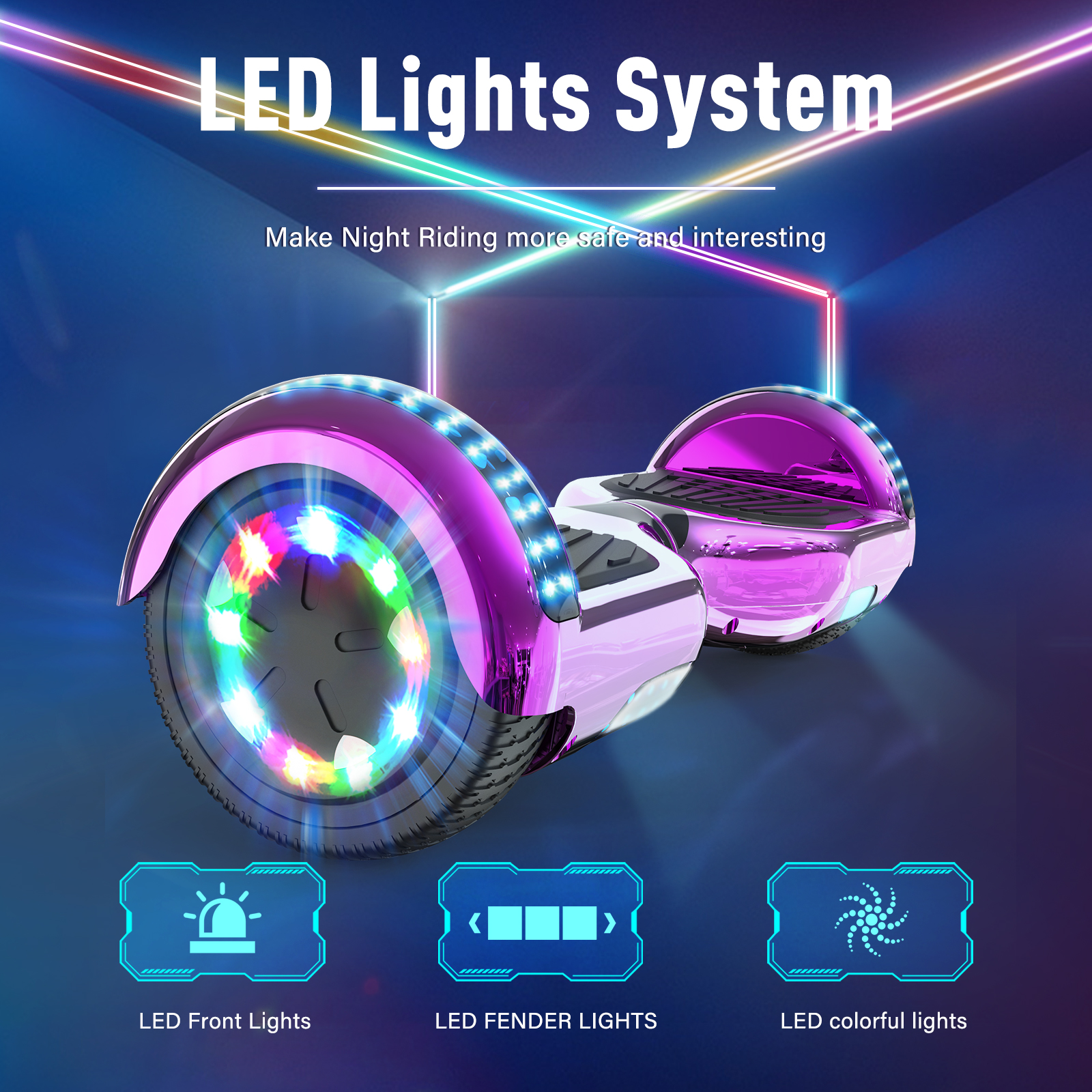 Un hoverboard morado con luces LED se muestra, promoviendo la seguridad nocturna. Los iconos muestran luces delanteras, guardabarros y coloridas.