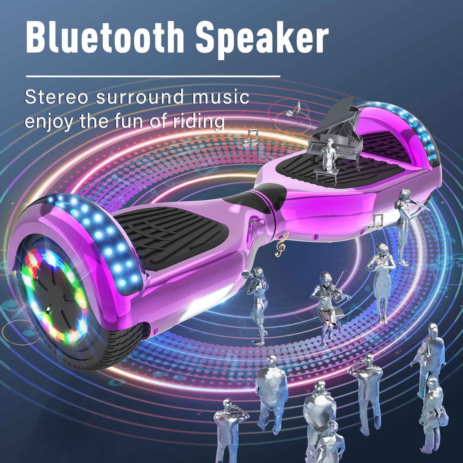 Un hoverboard rosa con luces. Pequeñas figuras plateadas tocan instrumentos. El texto dice Altavoz Bluetooth y música estéreo.