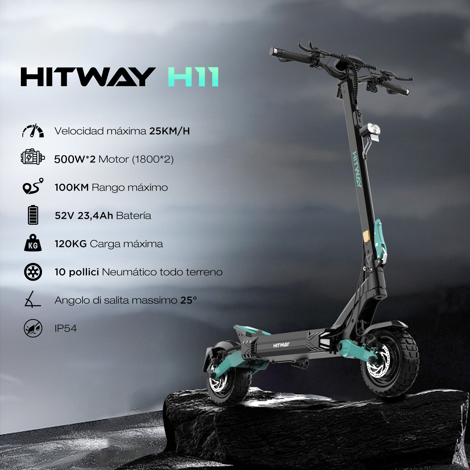 Uno scooter elettrico nero e verde acqua con il nome HITWAY H11. Su una superficie rocciosa, con icone informative.