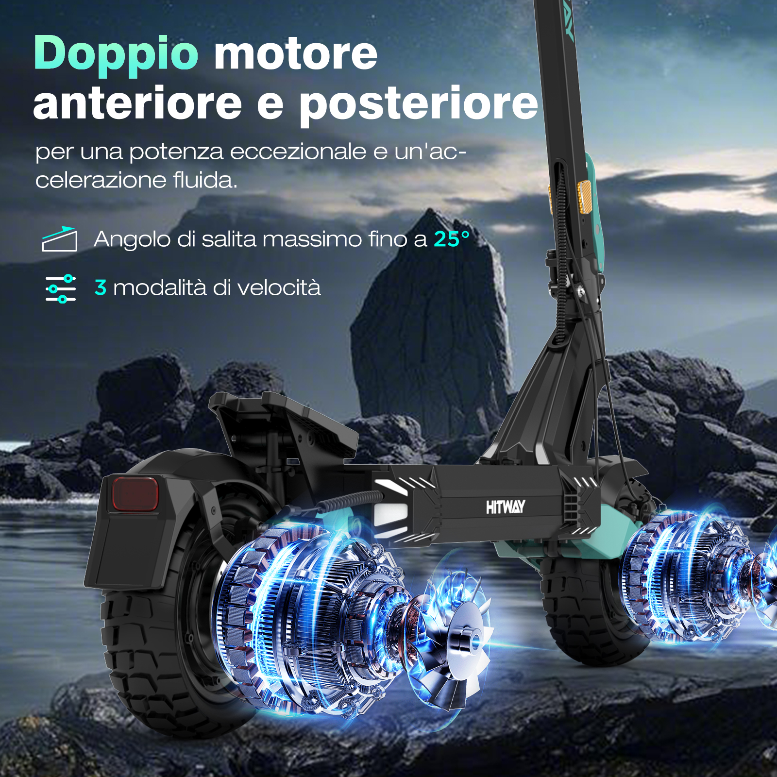 Uno scooter elettrico con doppi motori è in mostra. Lo scooter è nero e verde acqua, con ruote illuminate. Lo sfondo è un paesaggio roccioso.