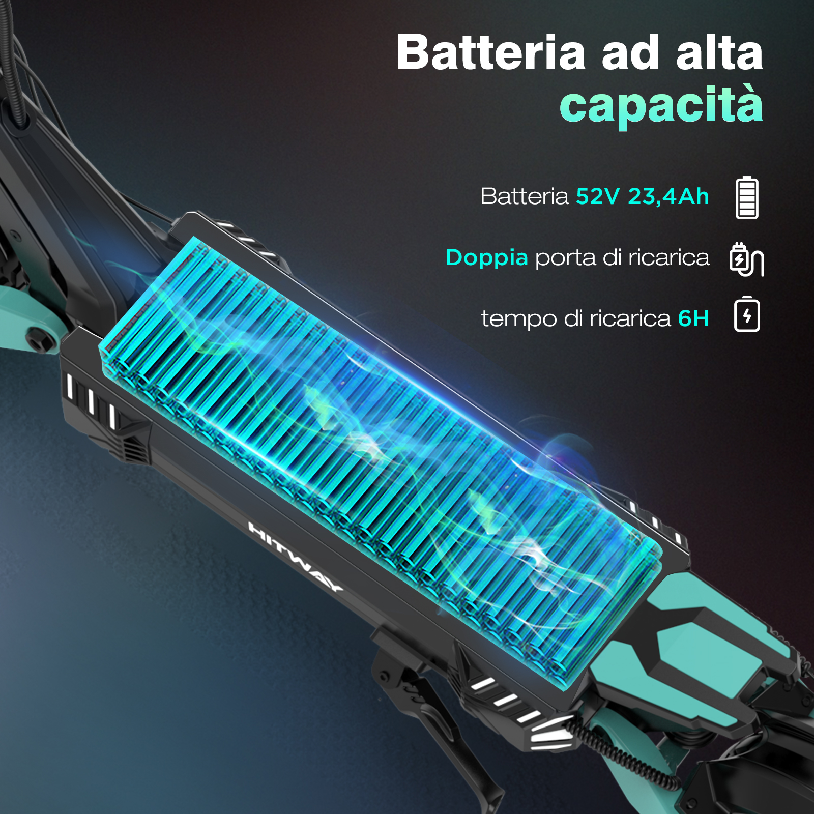 Un pacco batteria per scooter elettrico con dettagli blu. Il testo evidenzia l'alta capacità e il tempo di ricarica.