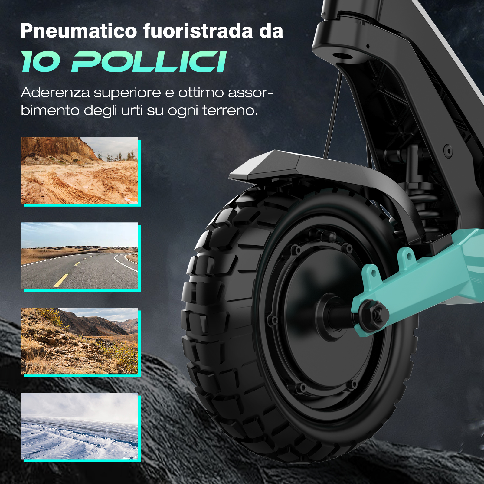 Pneumatico nero off-road su scooter. Il testo menziona aderenza superiore e assorbimento urti su ogni terreno. Quattro esempi di terreno.