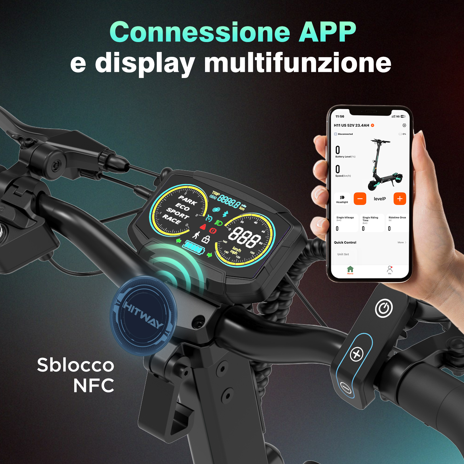Manubrio di monopattino elettrico con display velocità e batteria. Un telefono mostra informazioni.