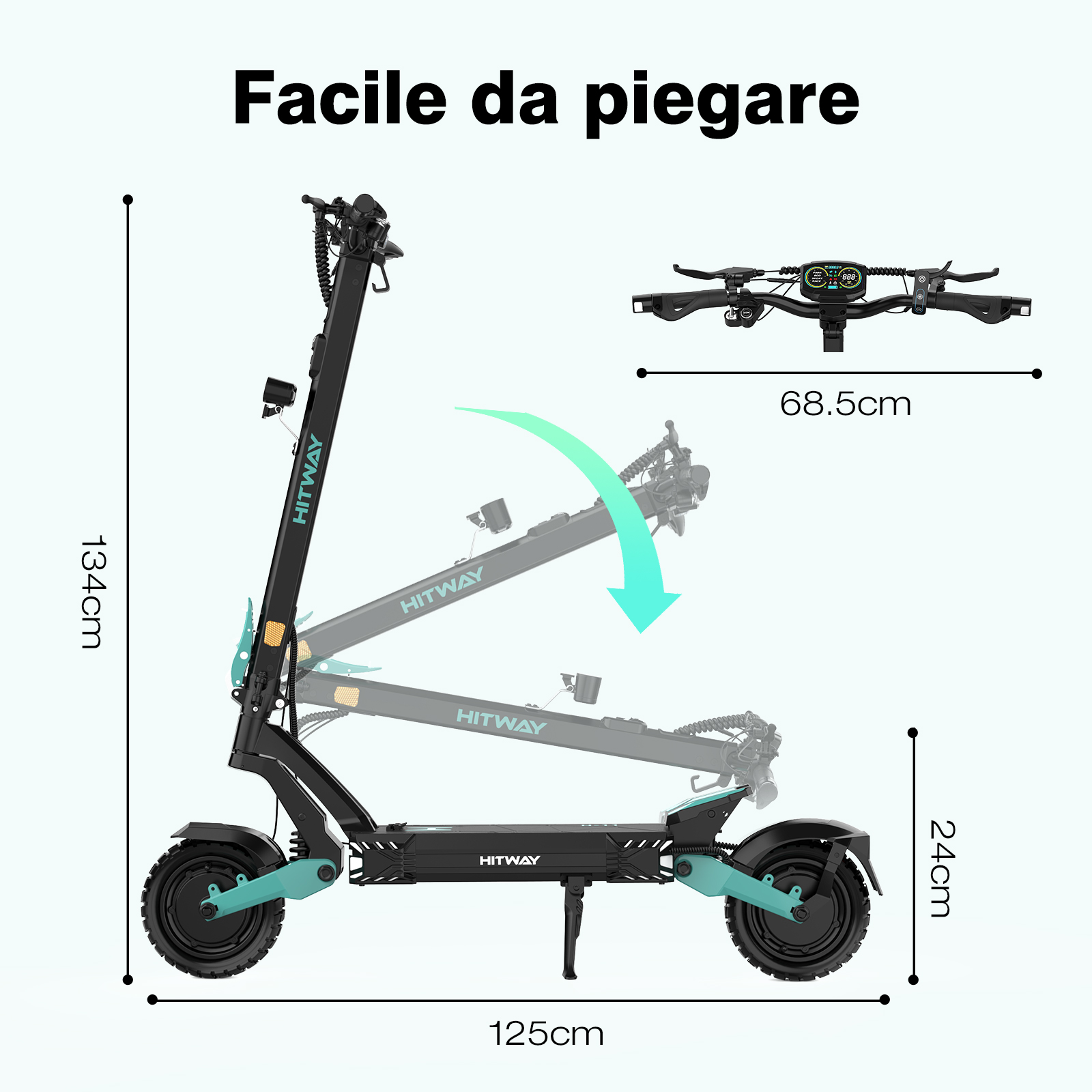 Scooter elettrico HITWAY nero, pieghevole. Dimensioni: 134x125x24cm. Larghezza manubrio 68,5cm. Testo: Facile da piegare (Facile da piegare).