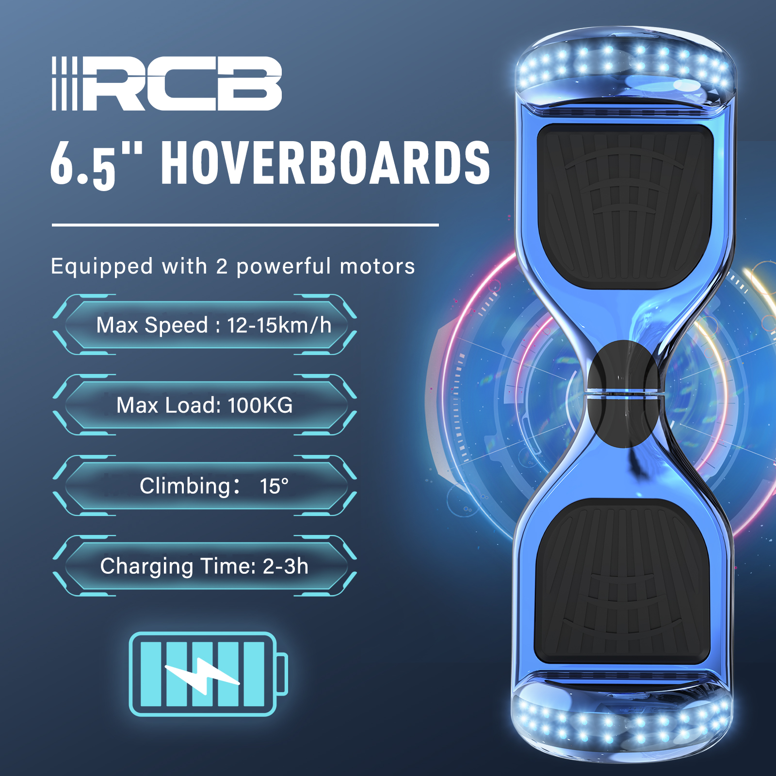 Hoverboard azul con almohadillas negras. Especificaciones: Velocidad máx. 12-15 km/h, carga máx. 100 kg, escalada 15°, tiempo de carga 2-3 h.