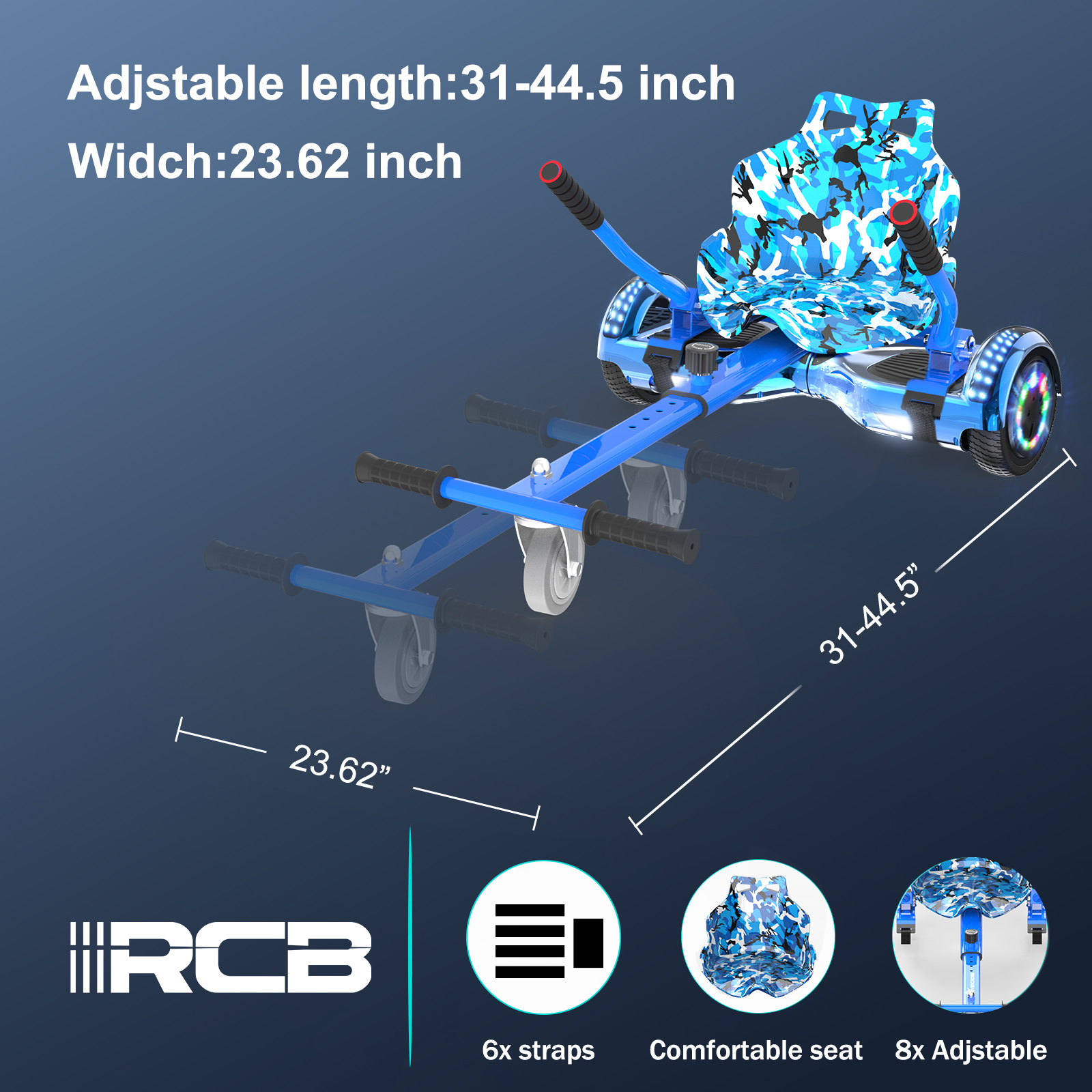 Hoverboard blu con sedile mimetico. Le dimensioni sono indicate. Il testo include '6x cinghie', 'sedile confortevole' e '8x regolabile'.