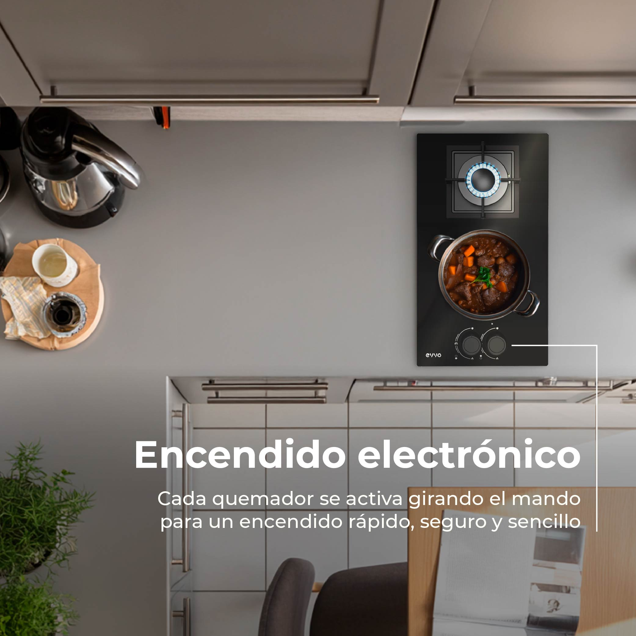 Una moderna estufa negra con una olla de guiso está encendida. El texto dice 'Encendido Electrónico'.