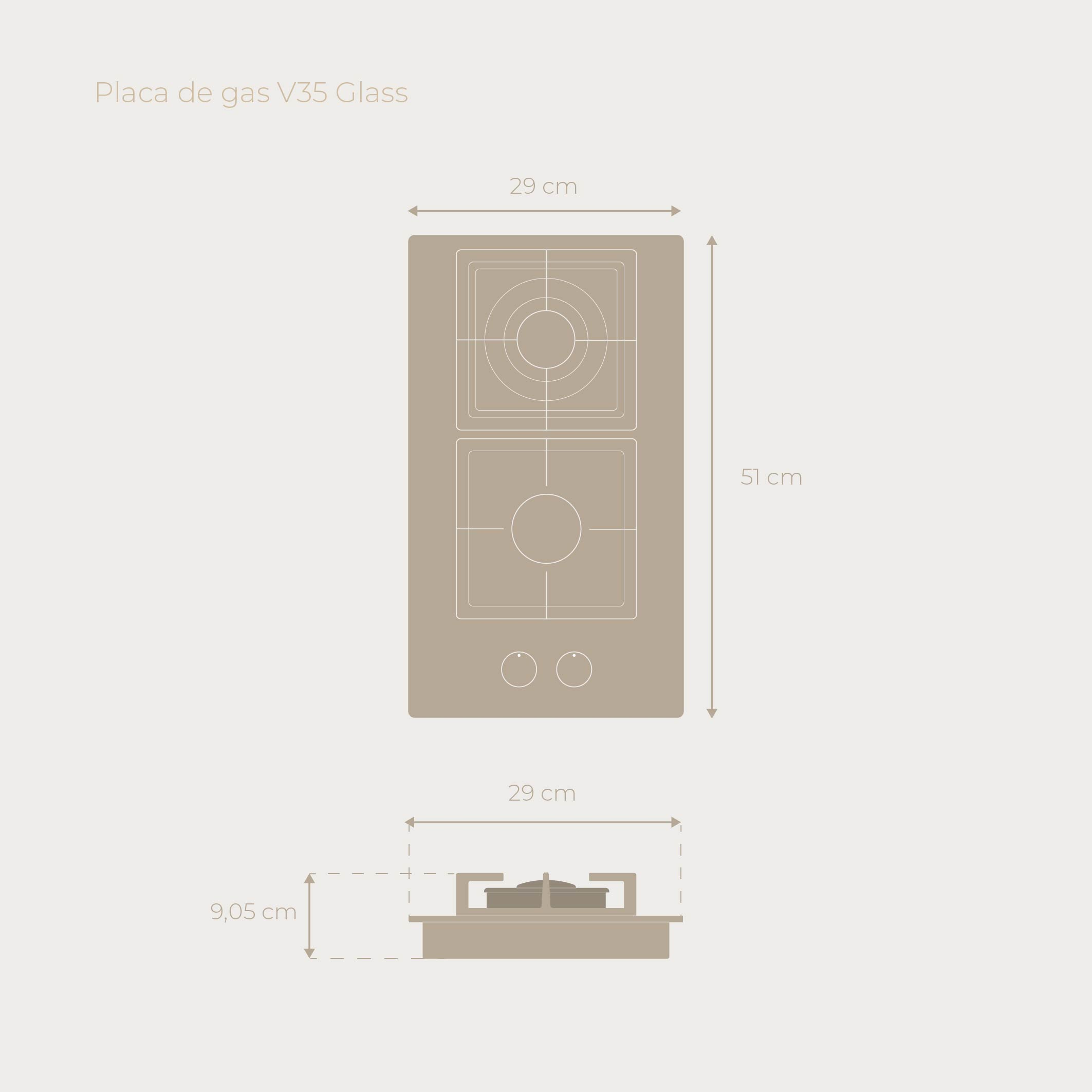 Diagrama de una placa de gas. Tiene forma rectangular, con dos quemadores y dos mandos. Se muestran las dimensiones.