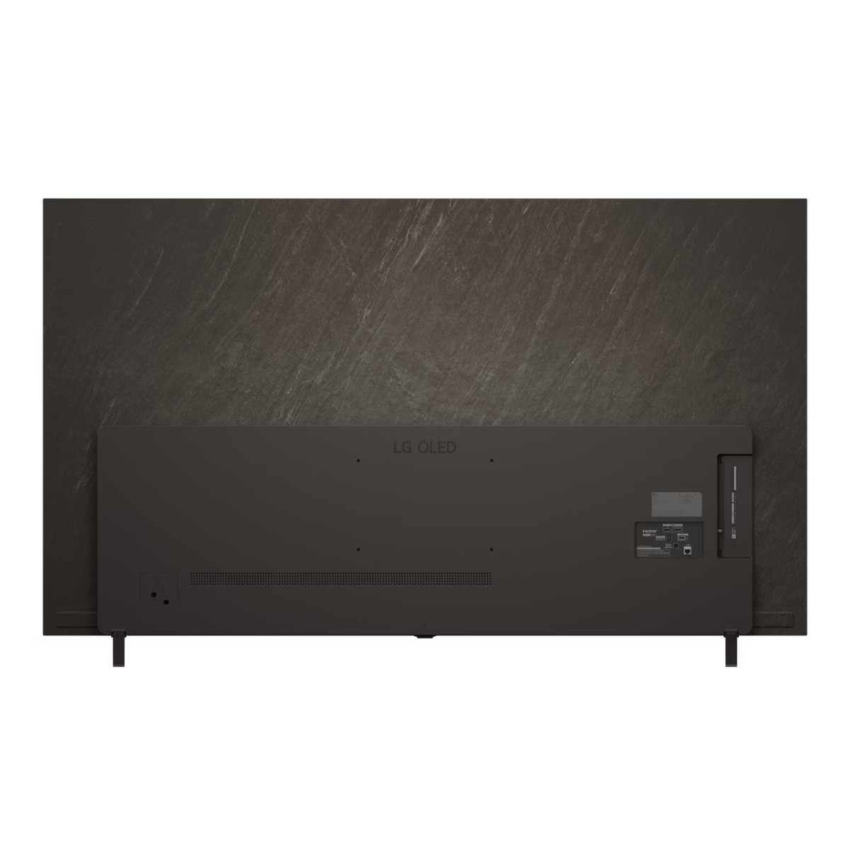 Rückansicht eines LG OLED-Fernsehers vor einer strukturierten grauen Wand. Der Fernseher ist schwarz mit dem LG OLED-Logo.