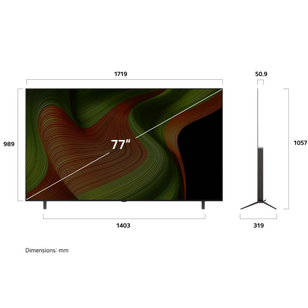 Ein 77-Zoll-Fernseher mit angegebenen Maßen. Der Bildschirm zeigt Wirbel aus grünen und roten Farben. Maße in mm sind ebenfalls angegeben.