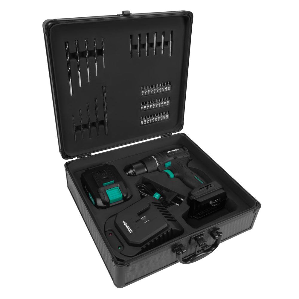 Open black case with drill, bits, batteries, and charger. Drill is black and green. Bits are in the lid. The case handle is visible.