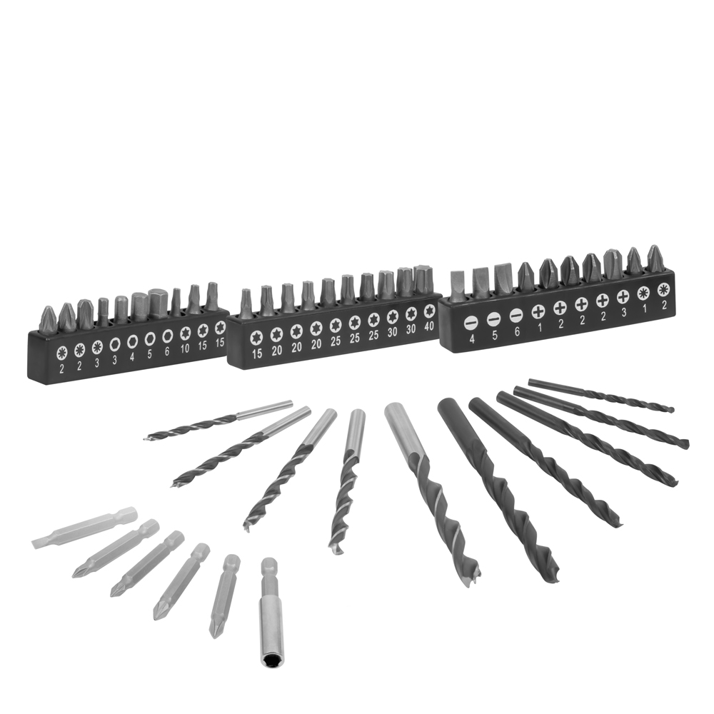 Een set boren en schroefbits. Bevat meerdere bits in zwarte houders en losse boren in verschillende maten.
