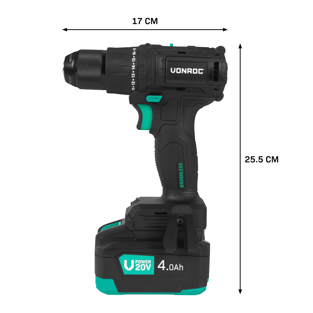 A black and green Vonroc cordless drill. It shows the drill's dimensions: 17 cm wide and 25.5 cm long. A battery is attached.
