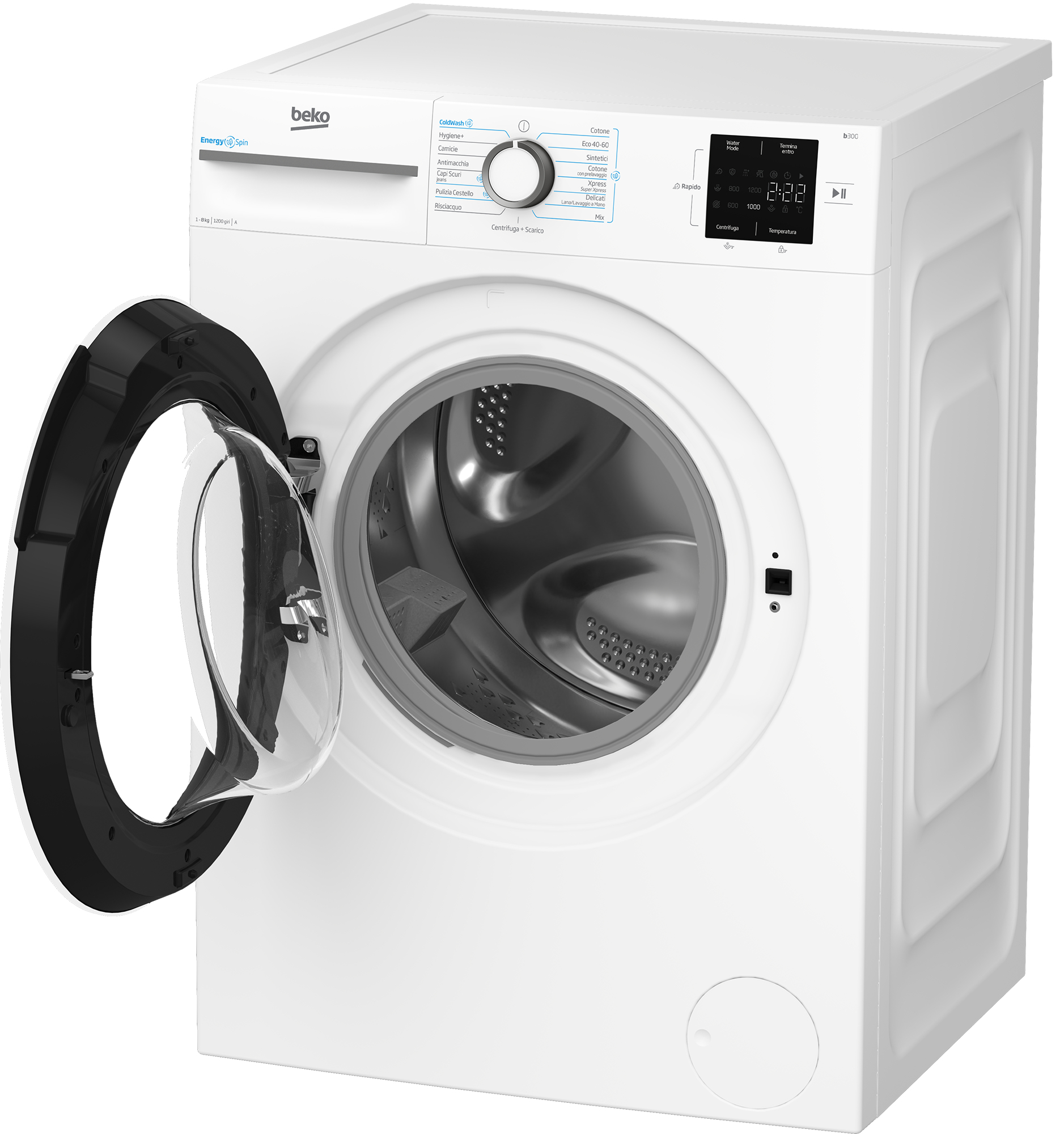 Una lavatrice Beko bianca con la porta aperta. Comandi e display digitale visibili sul fronte.