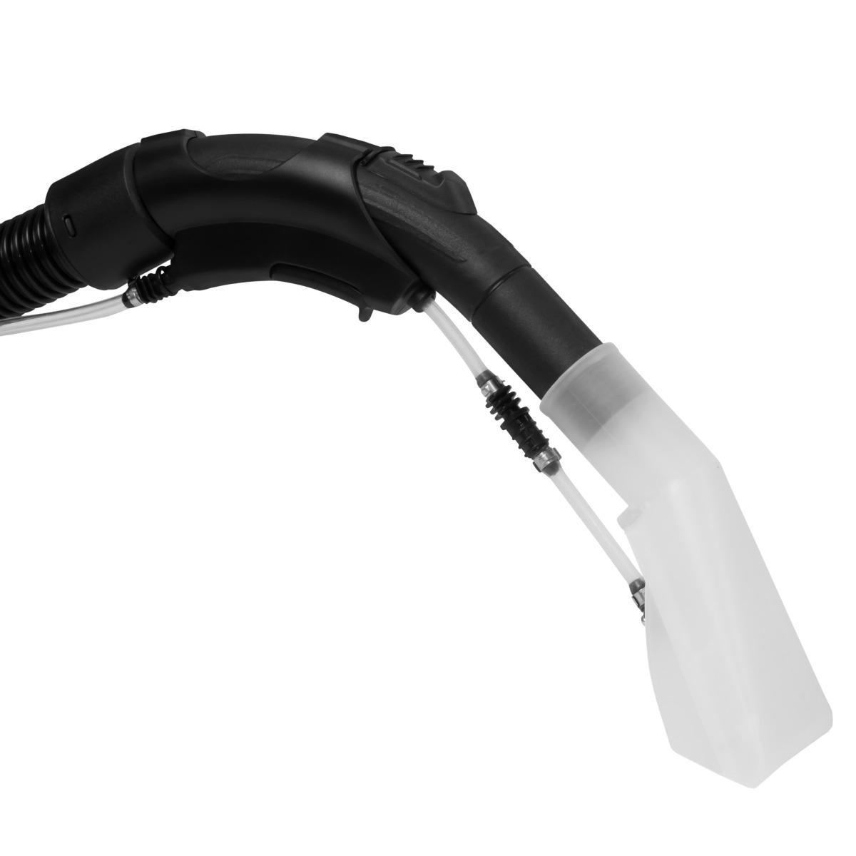 Een zwart-witte tapijtreinigingsmond. Het heeft een doorzichtige plastic kop, een zwarte slang en een witte, doorzichtige buis.