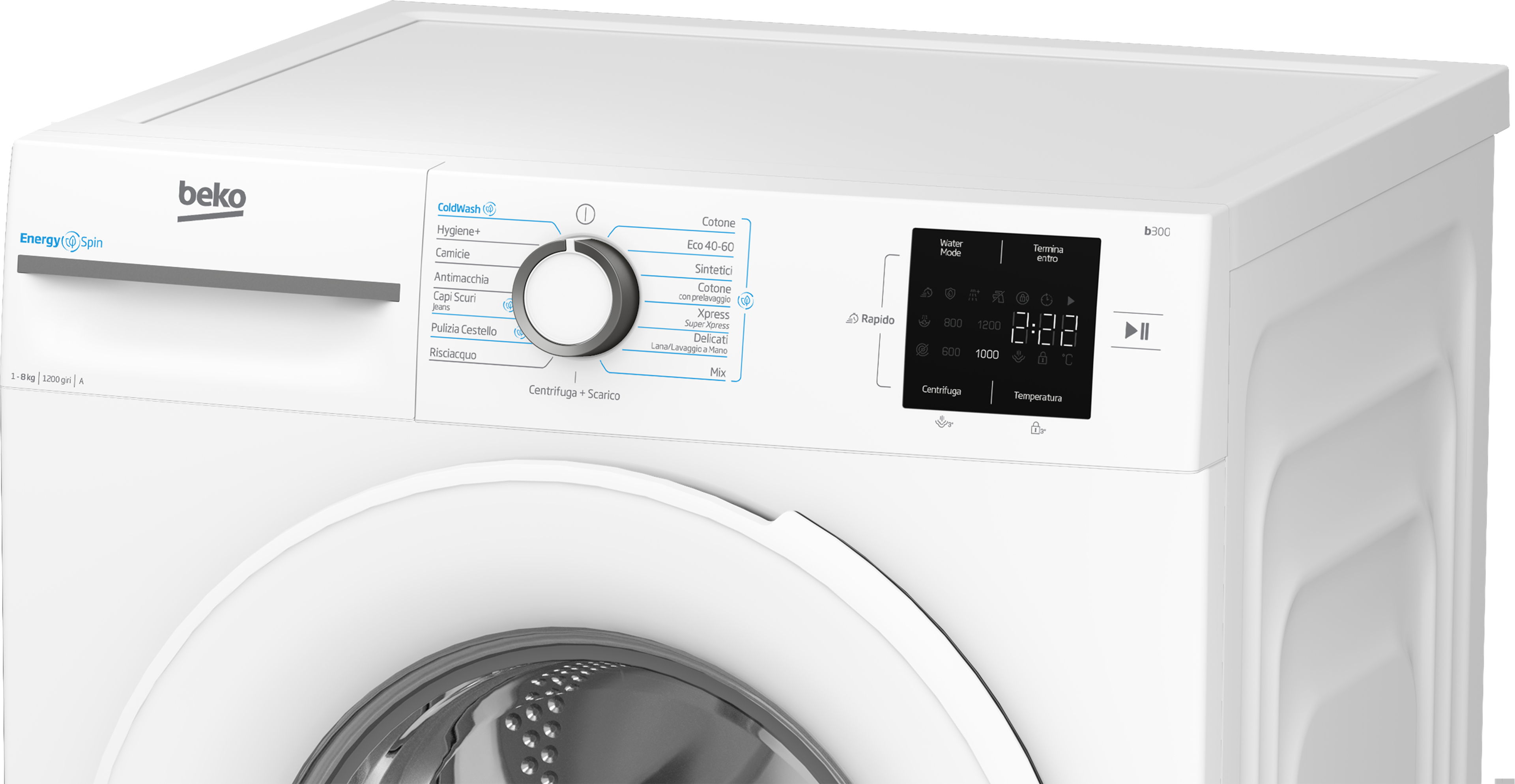 Una lavatrice Beko bianca. Ha un pannello di controllo con pulsanti e un display che mostra l'ora. L'oblò è chiuso.