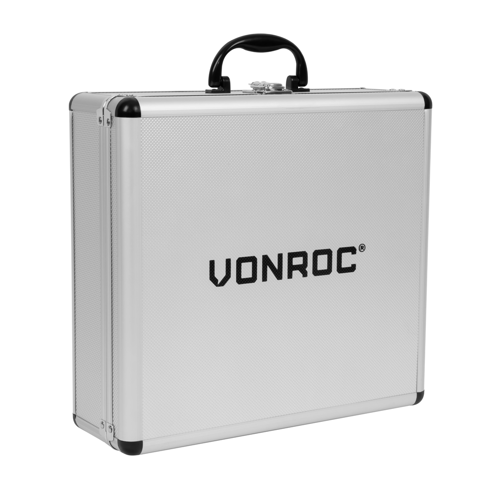 A silver VONROC briefcase with a black handle. The brand name is printed in black on the front.