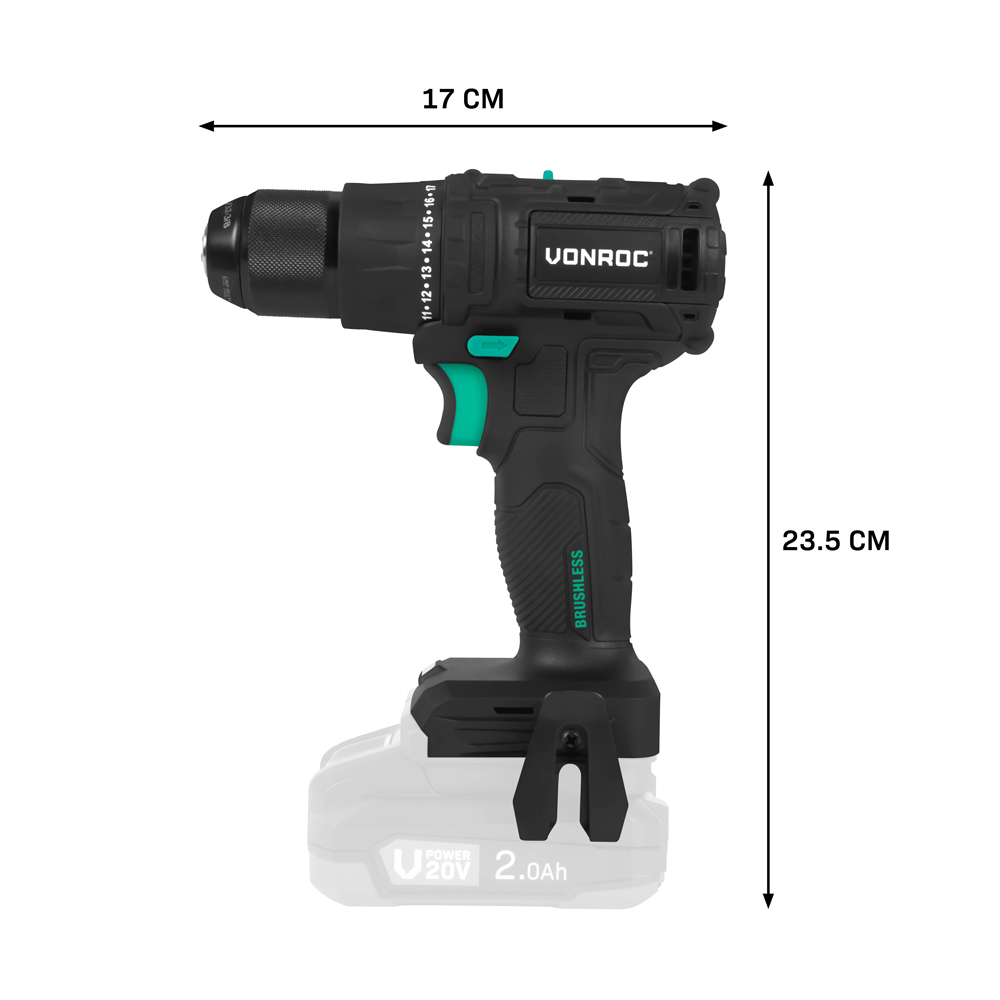 Zwarte en groene Vonroc accuboormachine. Afmetingen zijn 17cm x 23,5cm. Accu onderaan met 2,0Ah. "Brushless" erop.